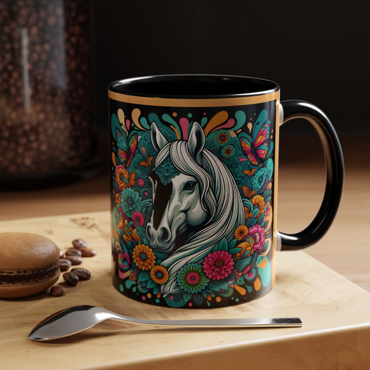 Coffee Mug White Horses with Blue Highlights in Flowers - Mug