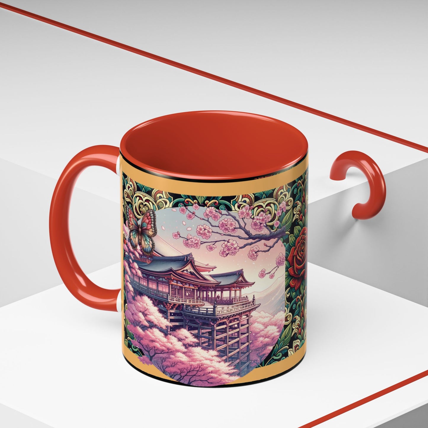 Mug - Sakura Butterfly Coffee Mug with Cherry Blossoms and a Rose
