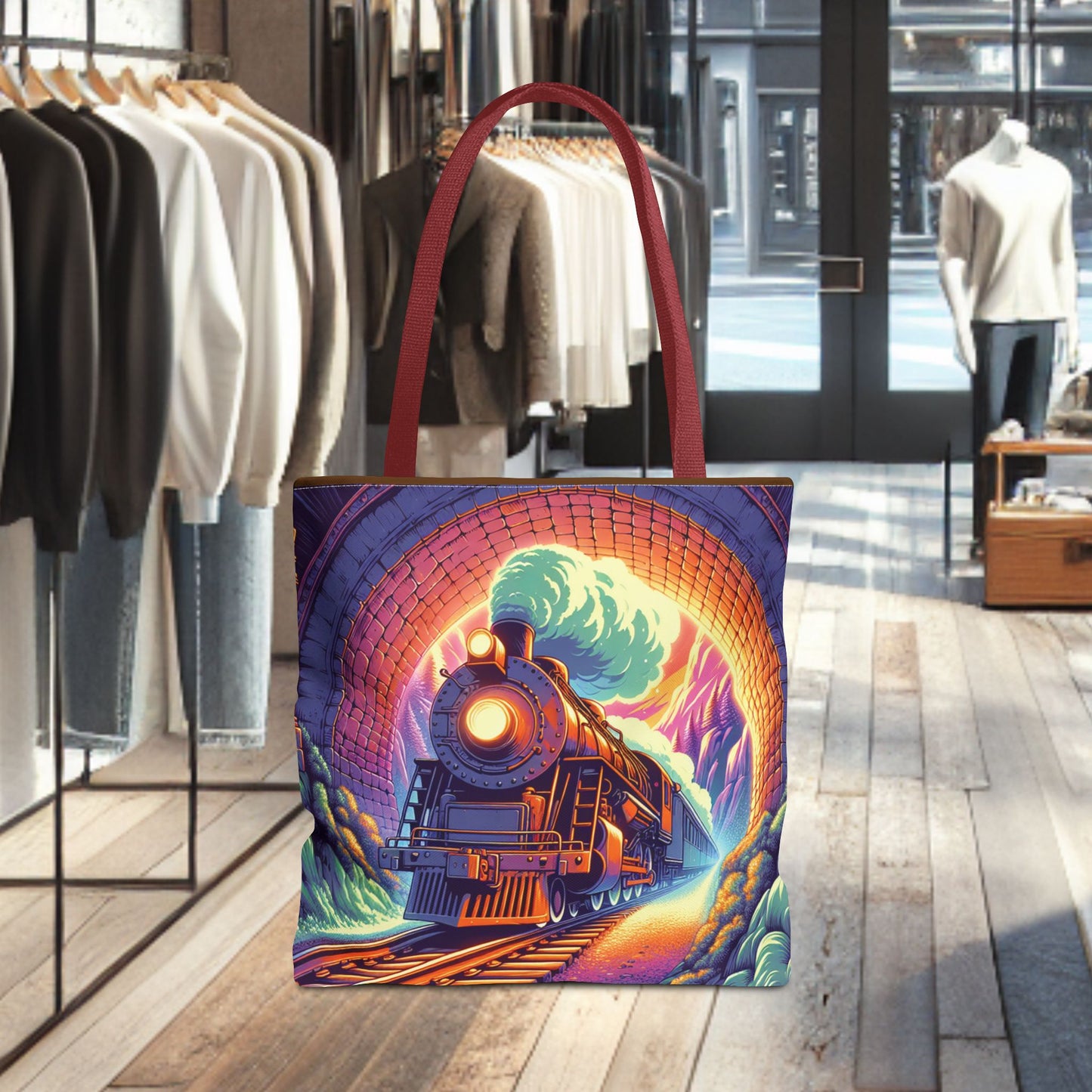 Steam Locomotive Tote Bag (AOP)- Vintage Train Tunnel Design