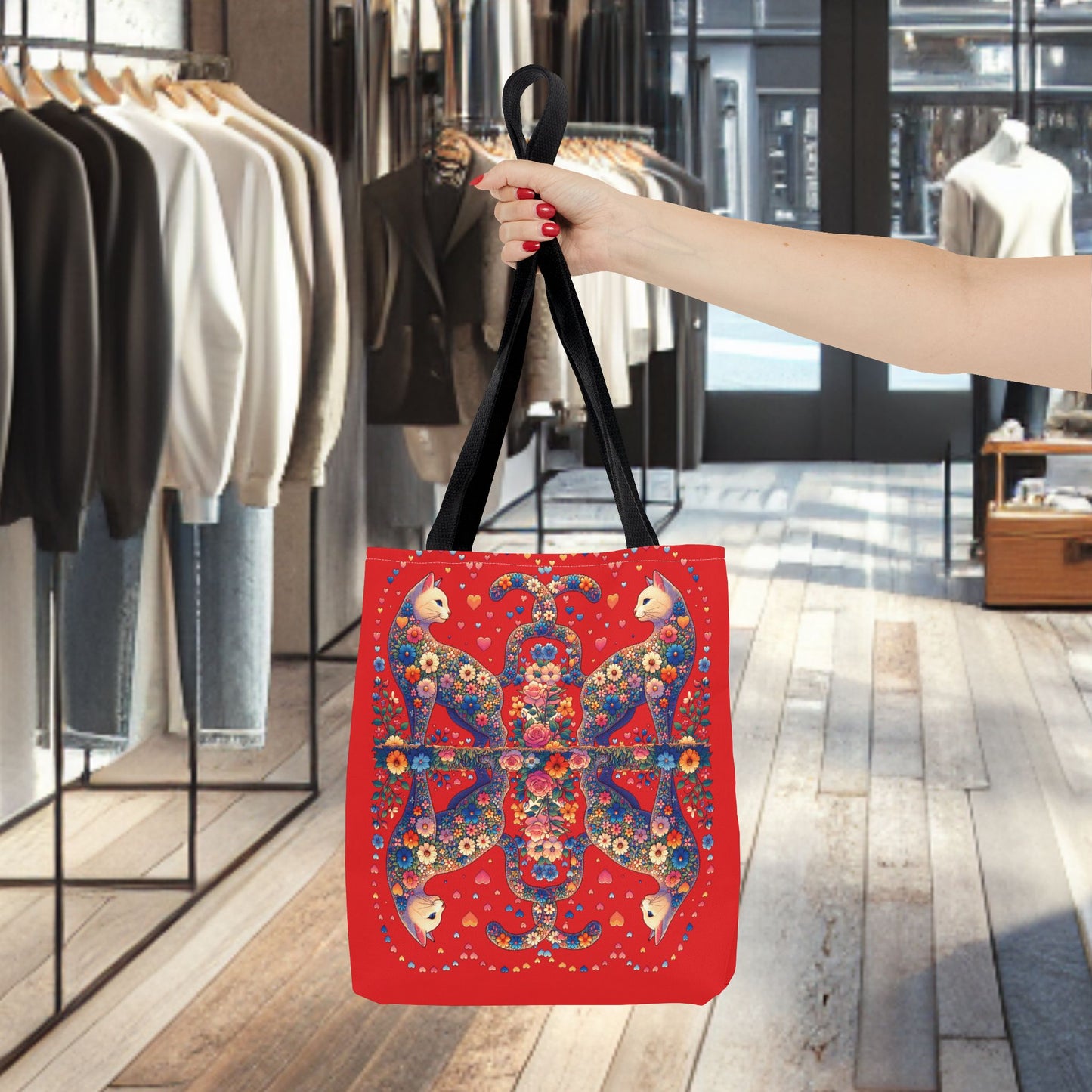 Mosaic Loving Cat Dark Red Tote Bag