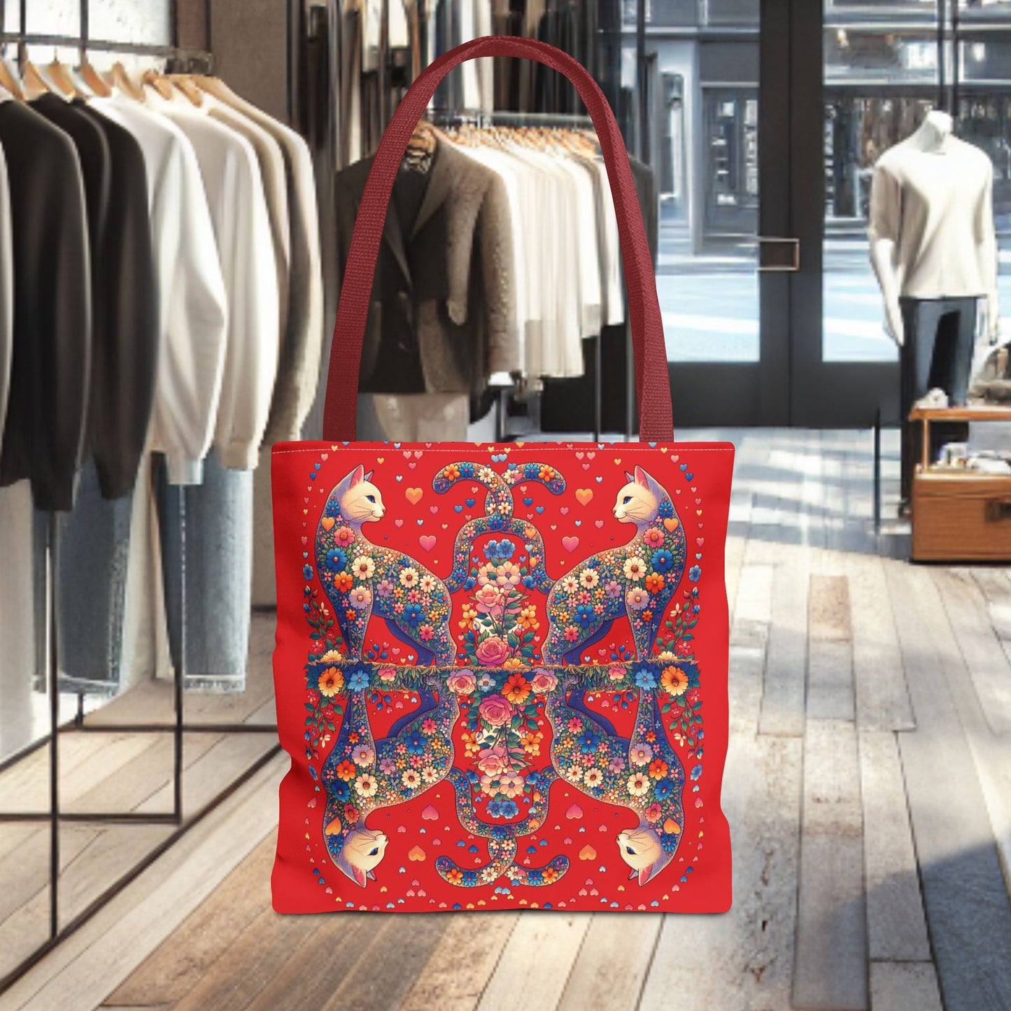 Loving Cat Flower Mozaic Tote Bag Dark Red