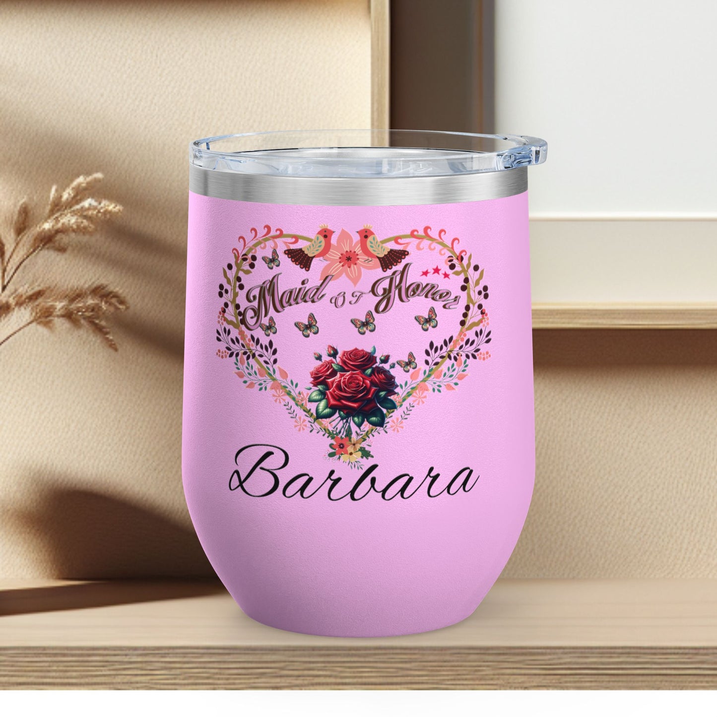 Personalized Maid of honor's Heart Floral Wine Tumbler