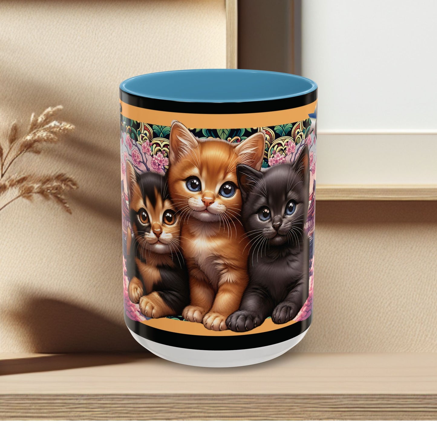Mug - 3 B F F kittens and Butterflies Coffee Mug with Cherry Blossoms