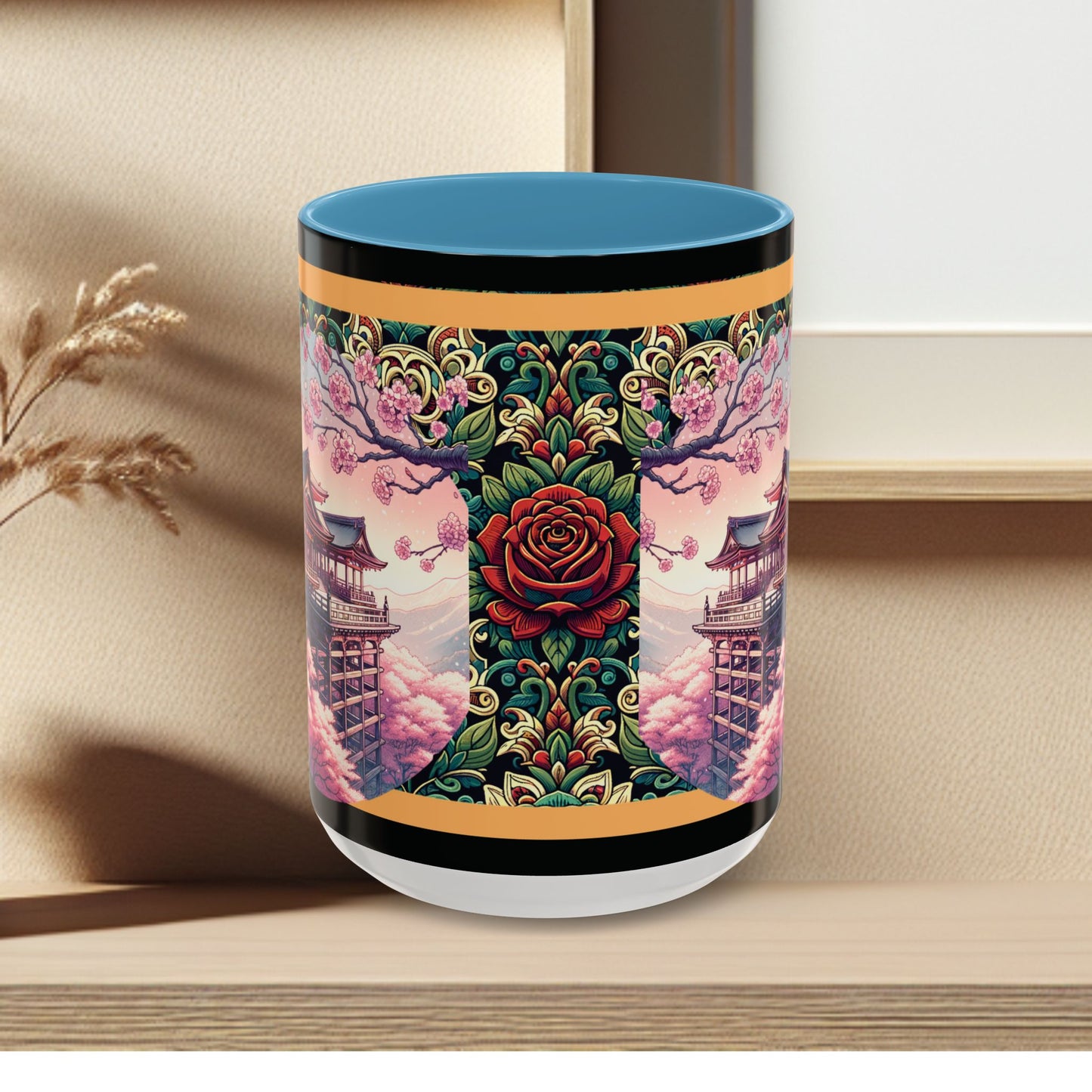 Mug - Sakura Butterfly Coffee Mug with Cherry Blossoms and a Rose