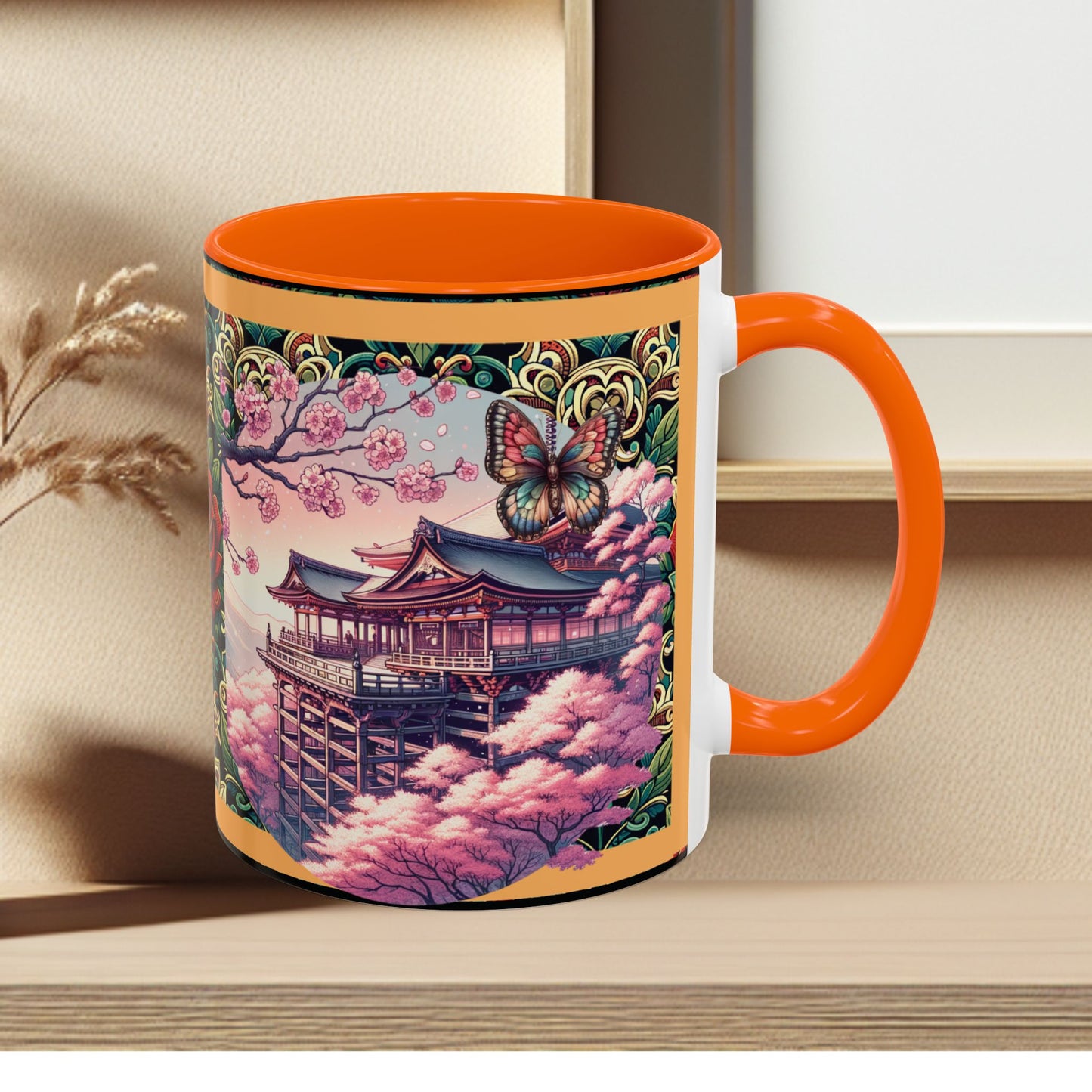 Mug - Sakura Butterfly Coffee Mug with Cherry Blossoms and a Rose