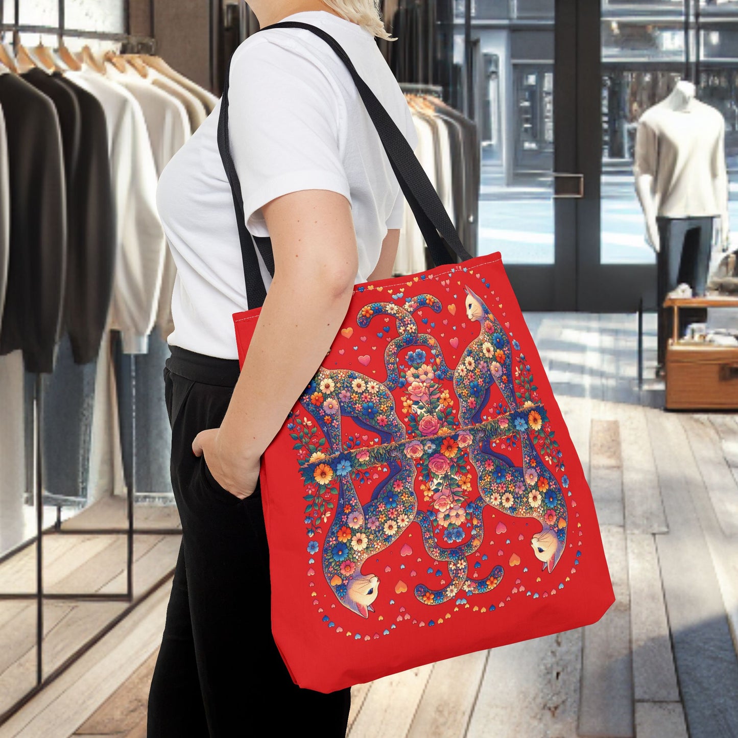 Loving Cat Flower Mozaic Tote Bag Dark Red