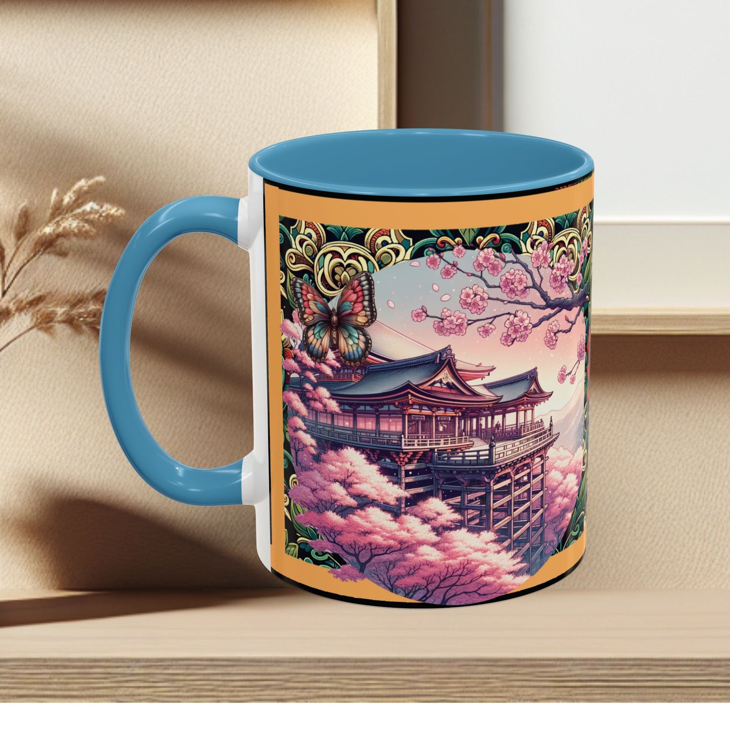 Mug - Sakura Butterfly Coffee Mug with Cherry Blossoms and a Rose