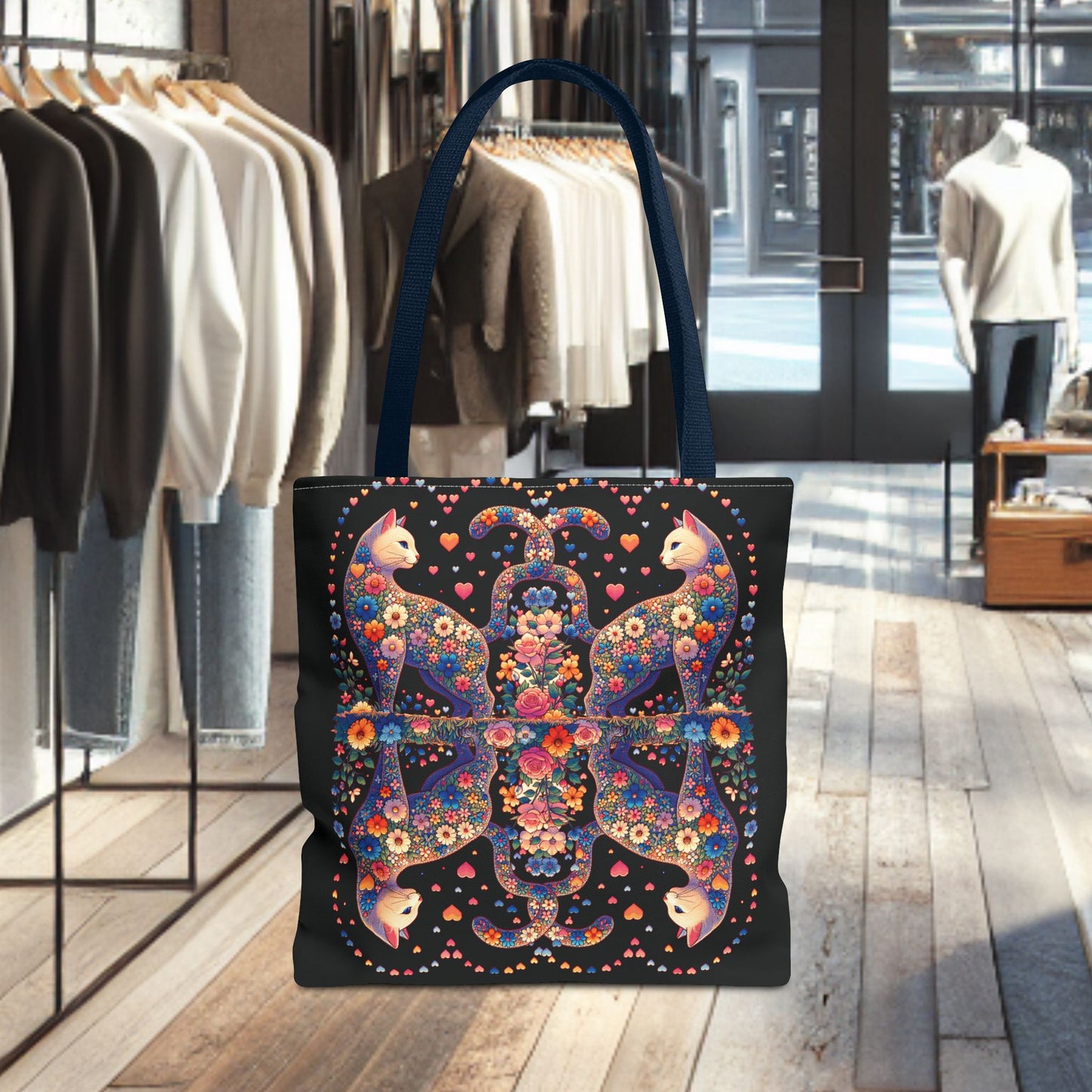 Mosaic Loving Cat Black Tote Bag (AOP)