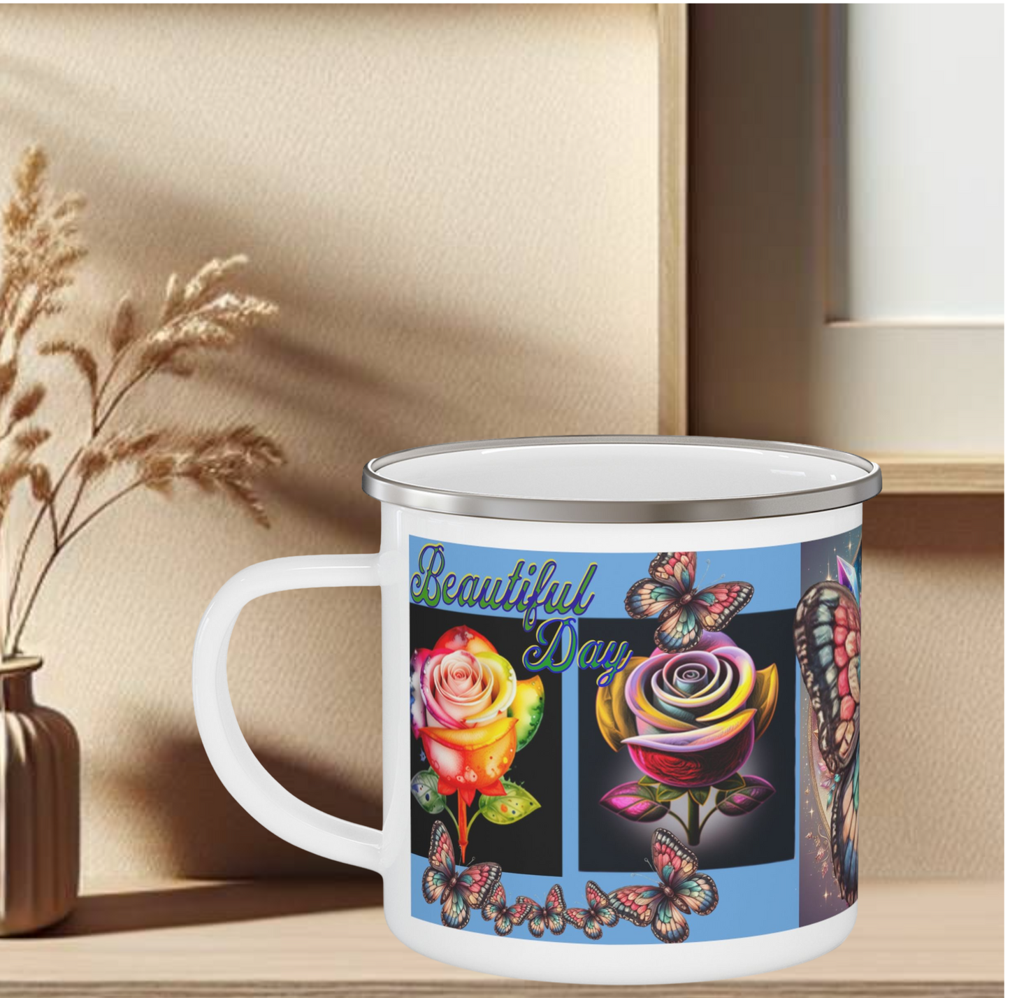 Enamel Mug Pink - Butterflys & Roses Camping Mug Gift for Nature Lovers and Outdoor Enthusiasts