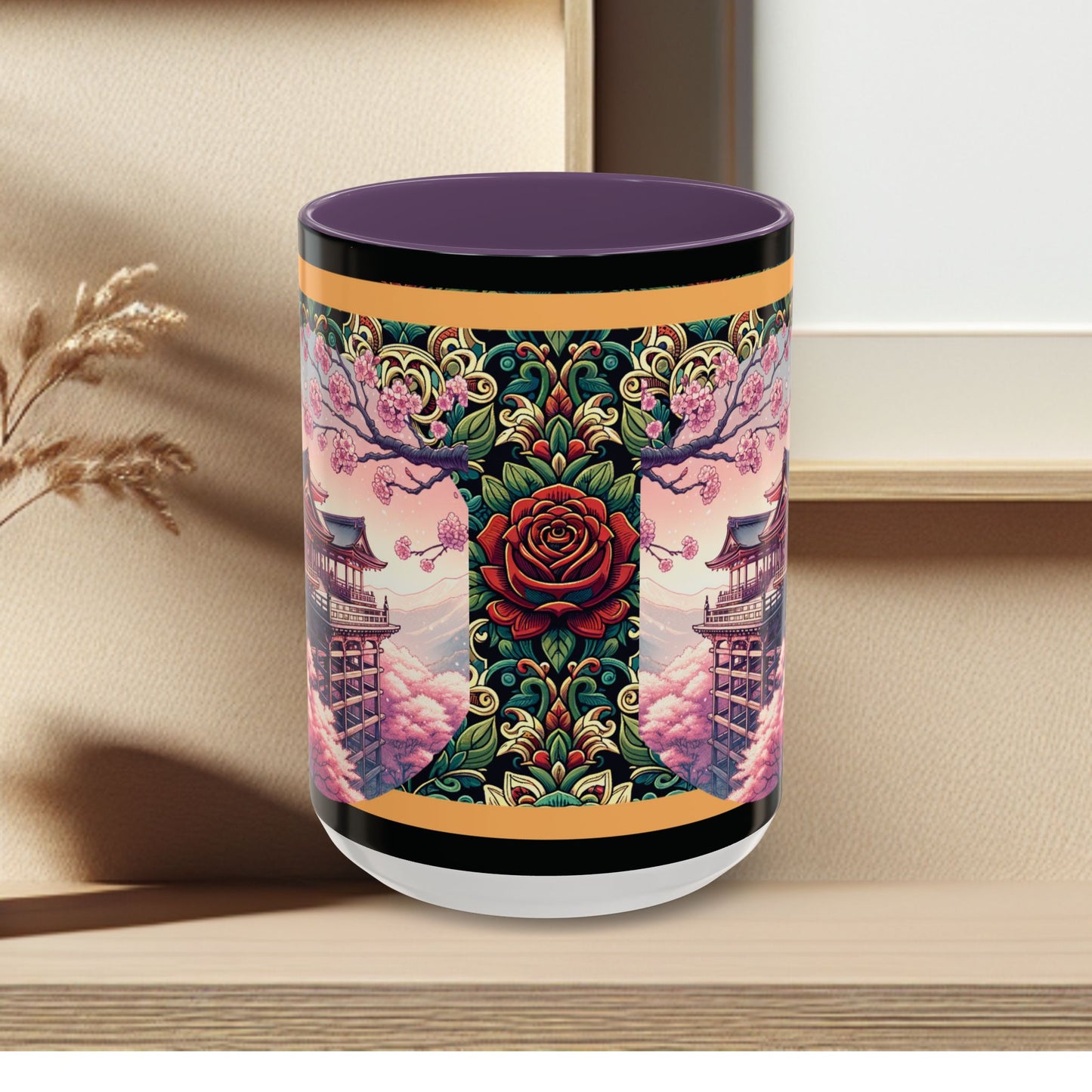 Mug - Sakura Butterfly Coffee Mug with Cherry Blossoms and a Rose