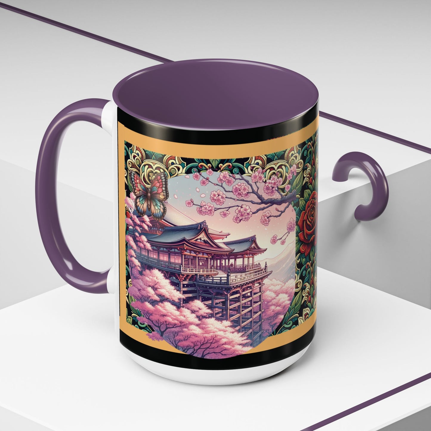 Mug - Sakura Butterfly Coffee Mug with Cherry Blossoms and a Rose