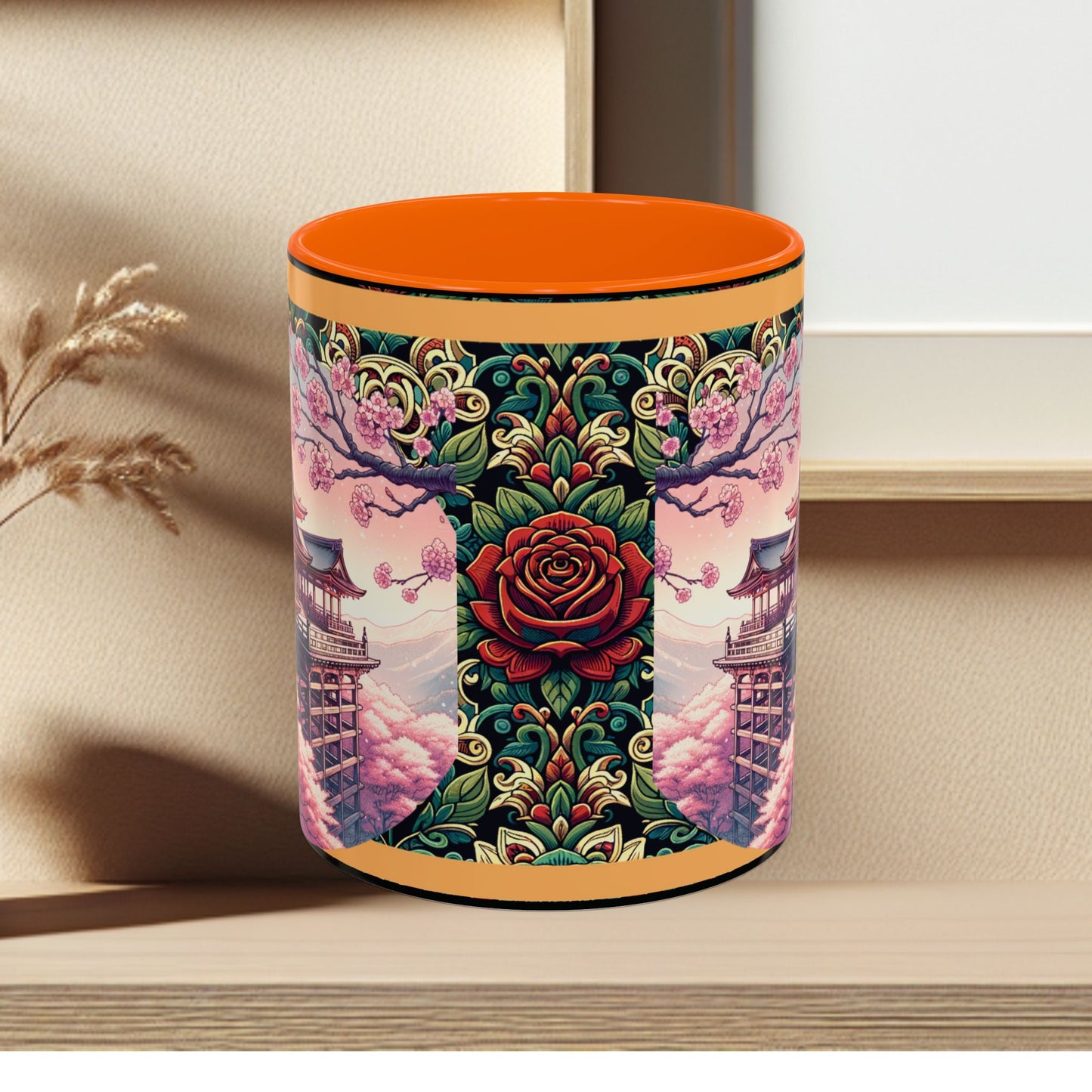 Mug - Sakura Butterfly Coffee Mug with Cherry Blossoms and a Rose