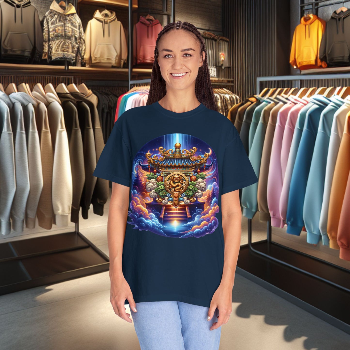 A Vibrant Mistic Temple Design -Unisex Garment-Dyed T-Shirt Perfect for Festivals & Everyday Wear