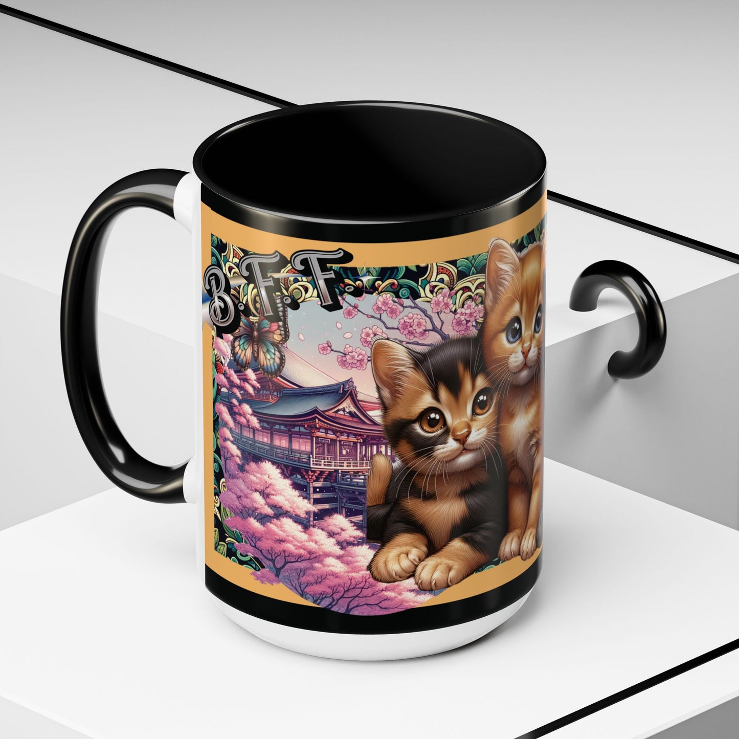 Mug - 3 B F F kittens and Butterflies Coffee Mug with Cherry Blossoms