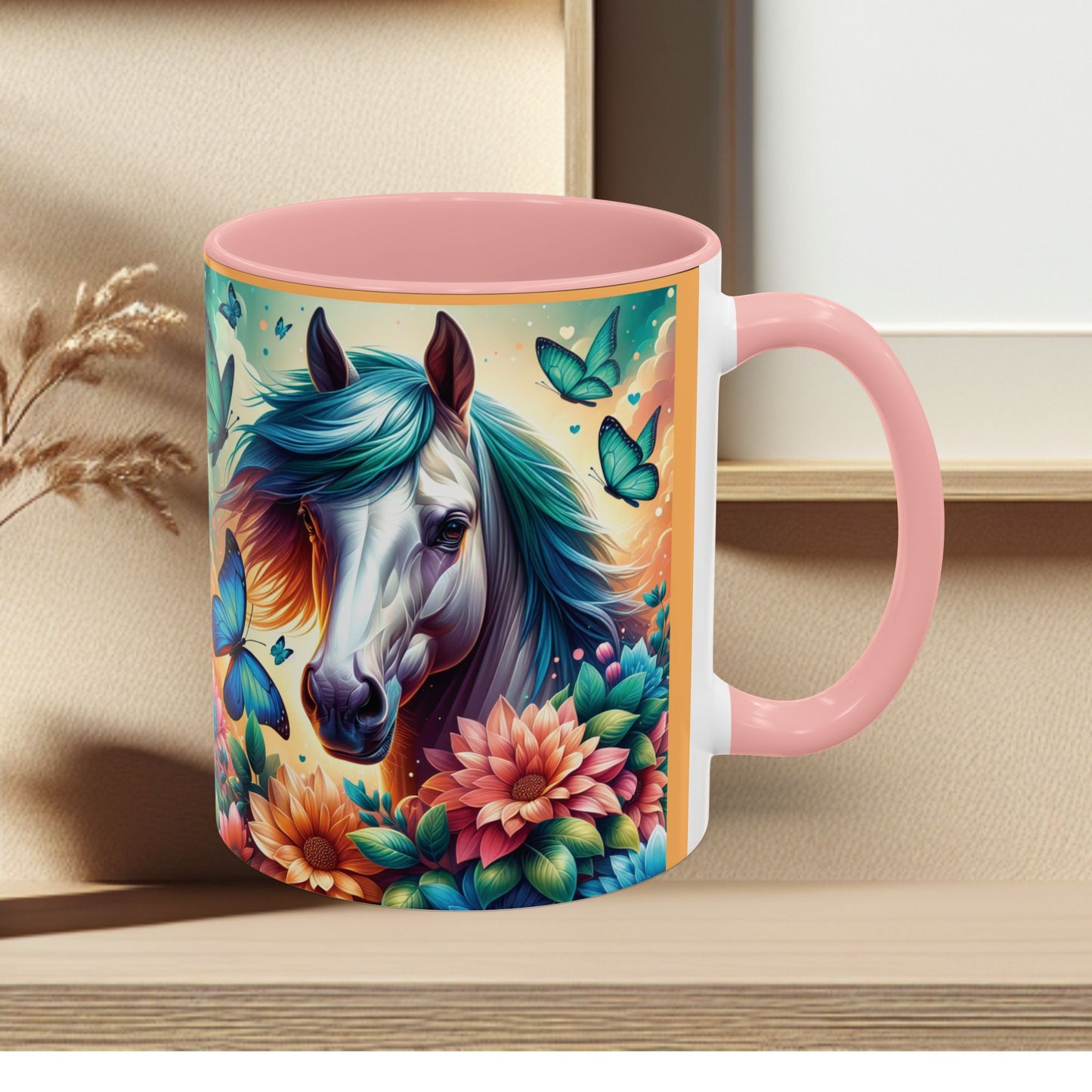 Coffee Mug Horses, Flowers, and Butterflies Mug