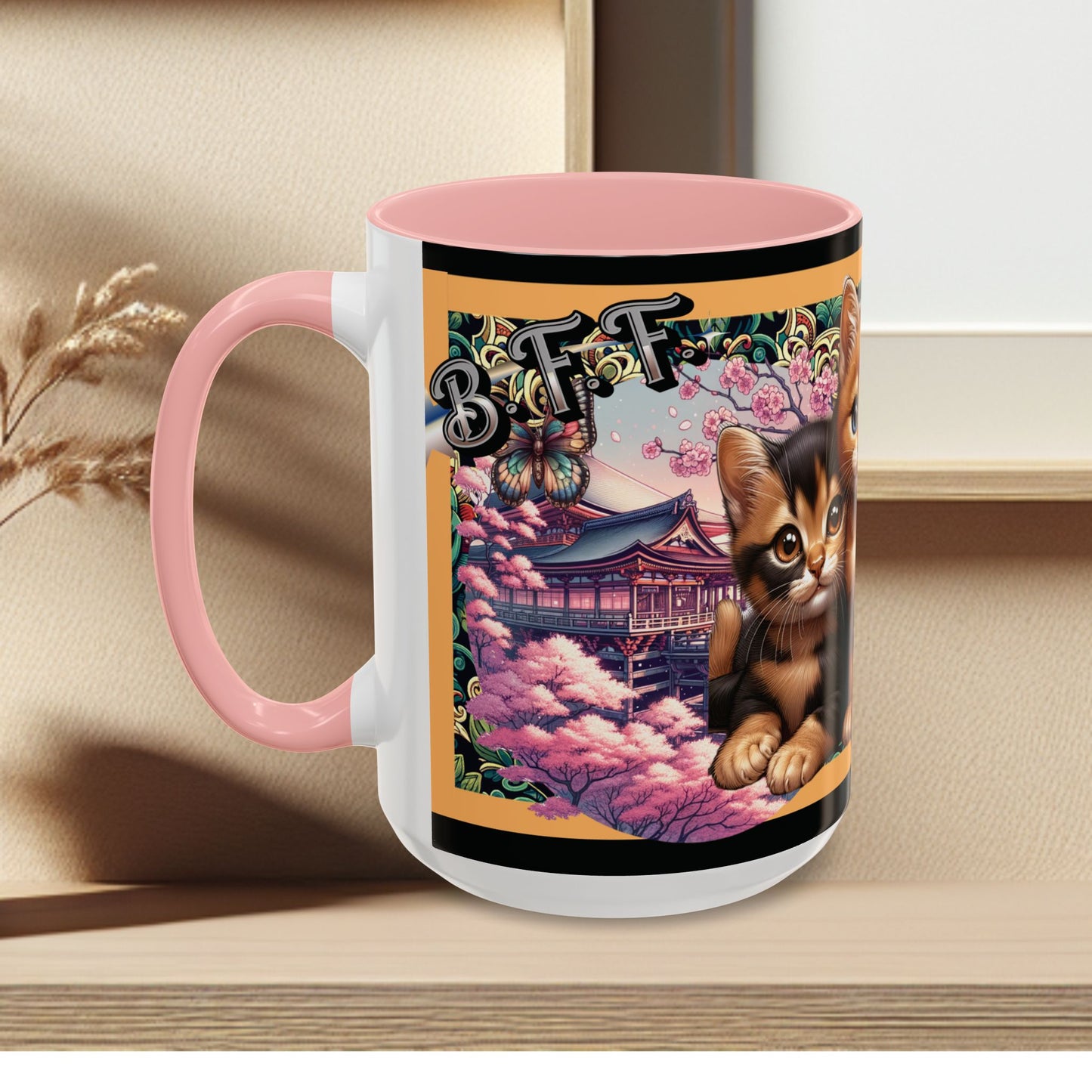 Mug - 3 B F F kittens and Butterflies Coffee Mug with Cherry Blossoms