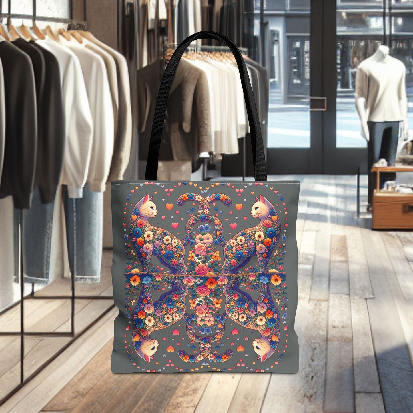 Mosaic Loving Cat Dark Gray Tote Bag (AOP)