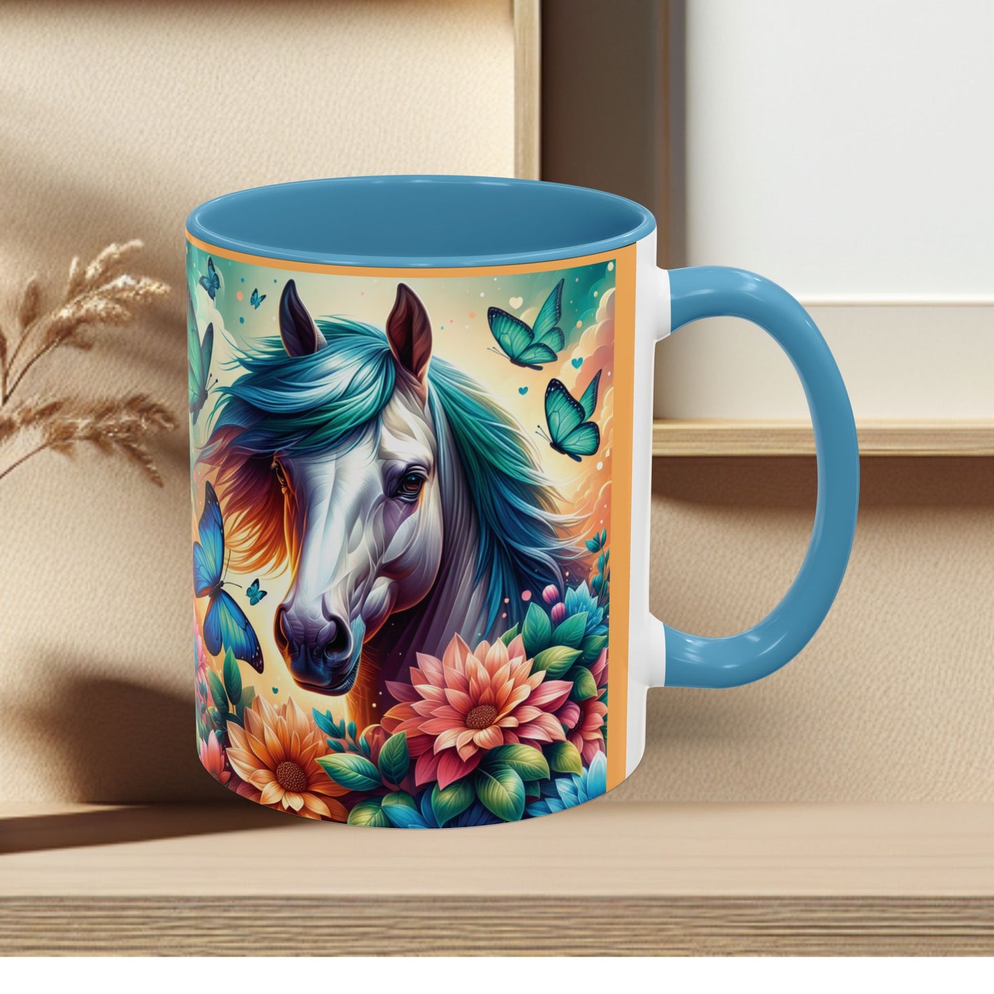 Coffee Mug Horses, Flowers, and Butterflies Mug