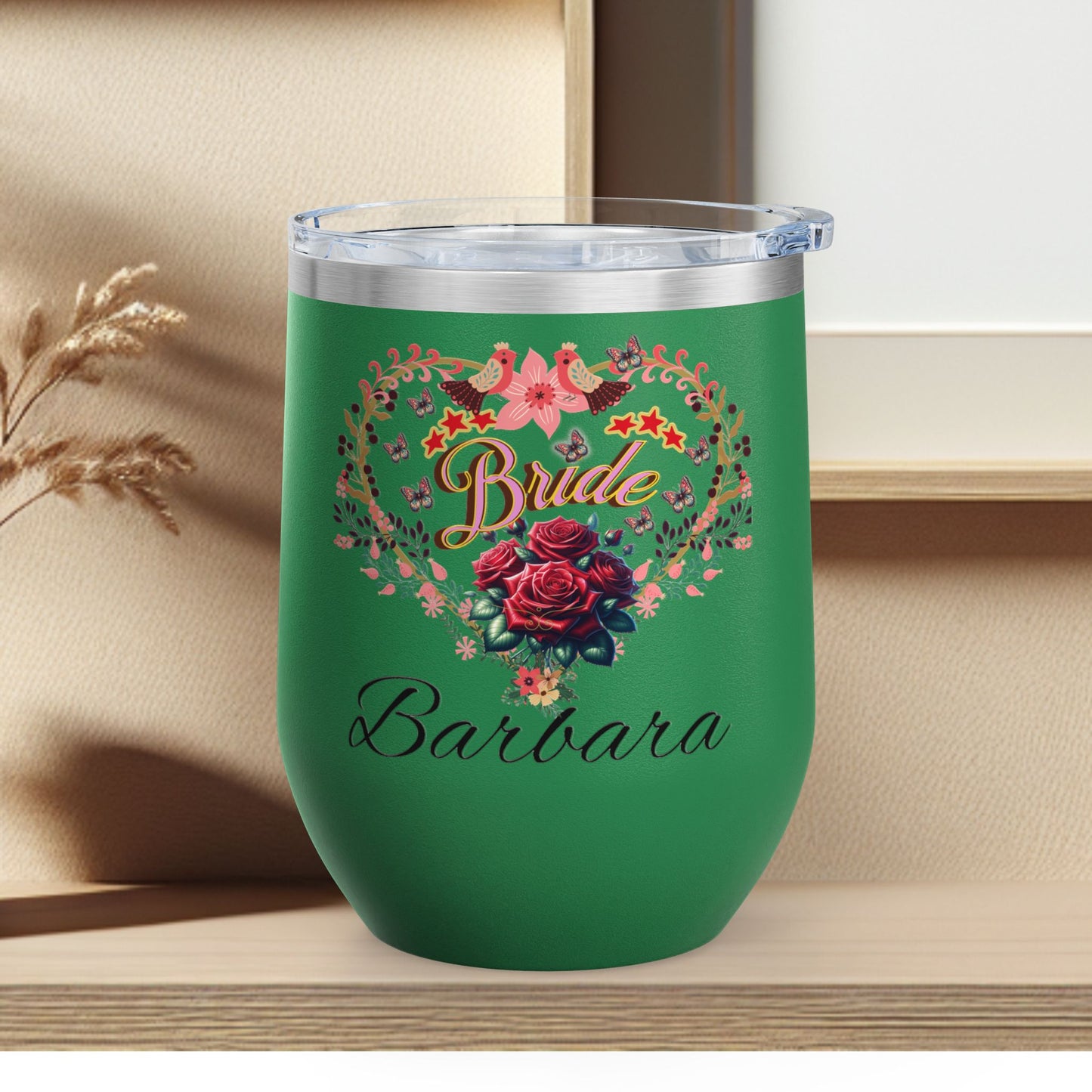 Personalized Bride's Heart Floral Wine 12oz Tumbler