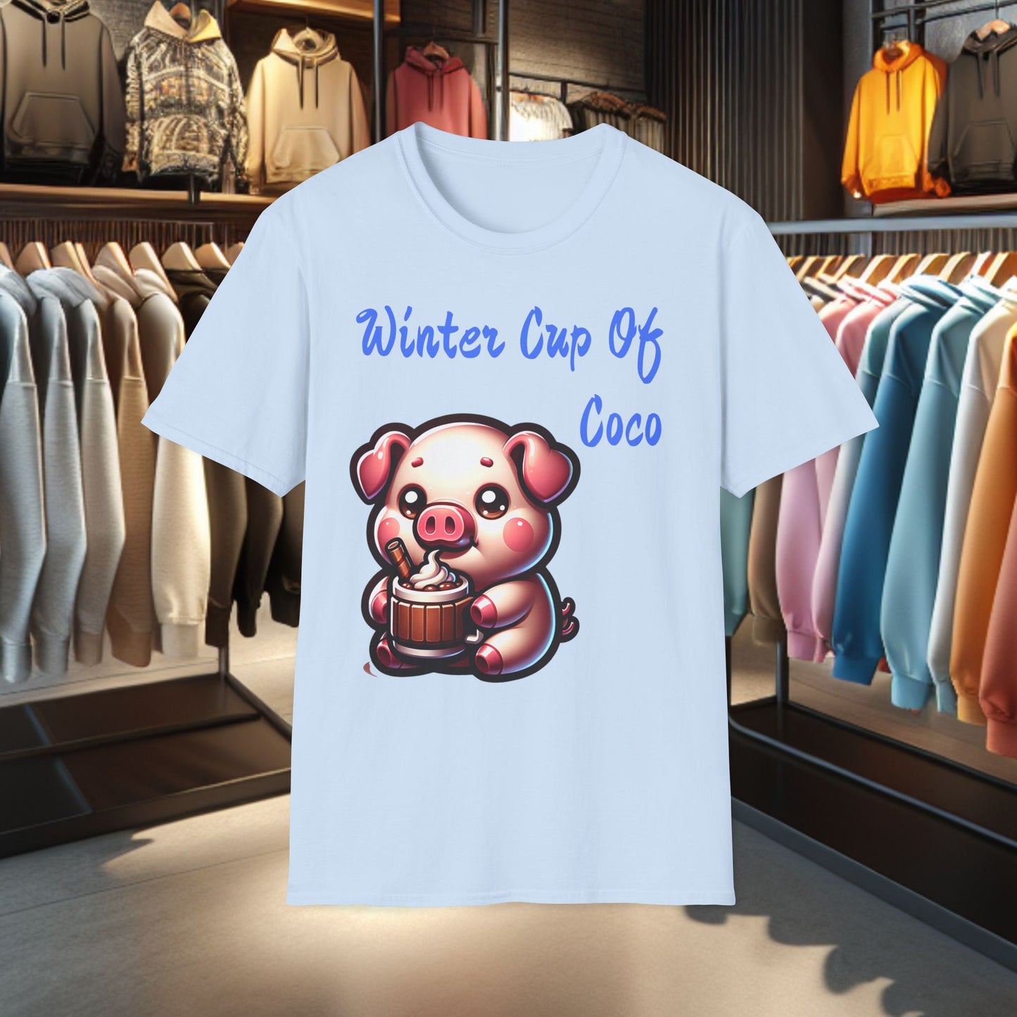 Pig Sipping on a Cup Of Coco Unisex T-Shirt - Winter Coco