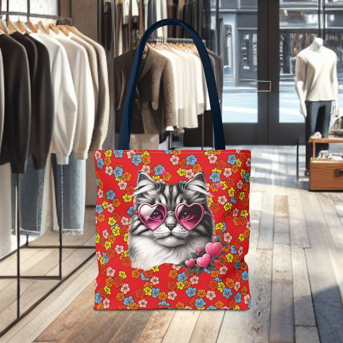 Kitty Ride Tote Bag with Flowered Red Design