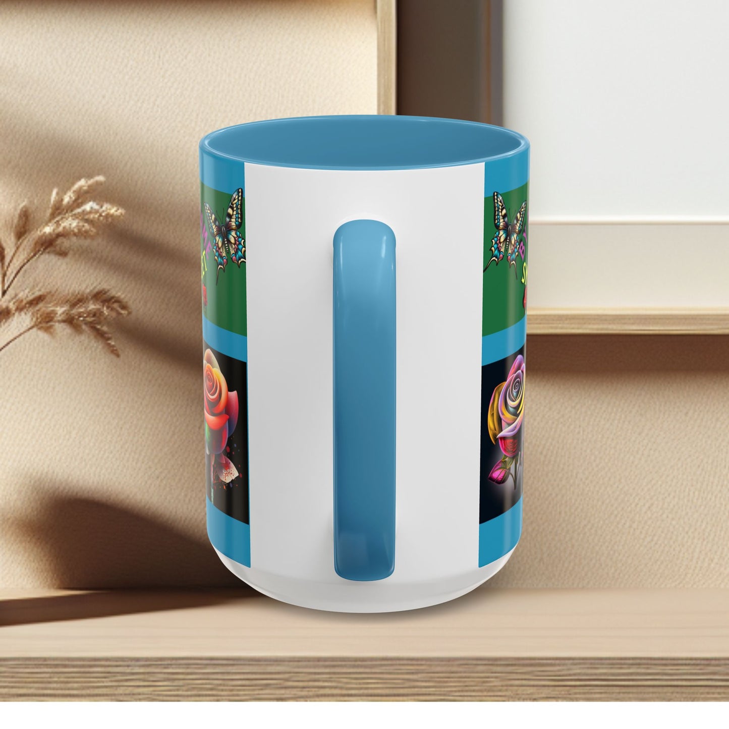 Blue Mug - Floral Butterfly Accent Coffee Mug - 'By Any Other Name A Rose Smells So Sweet'