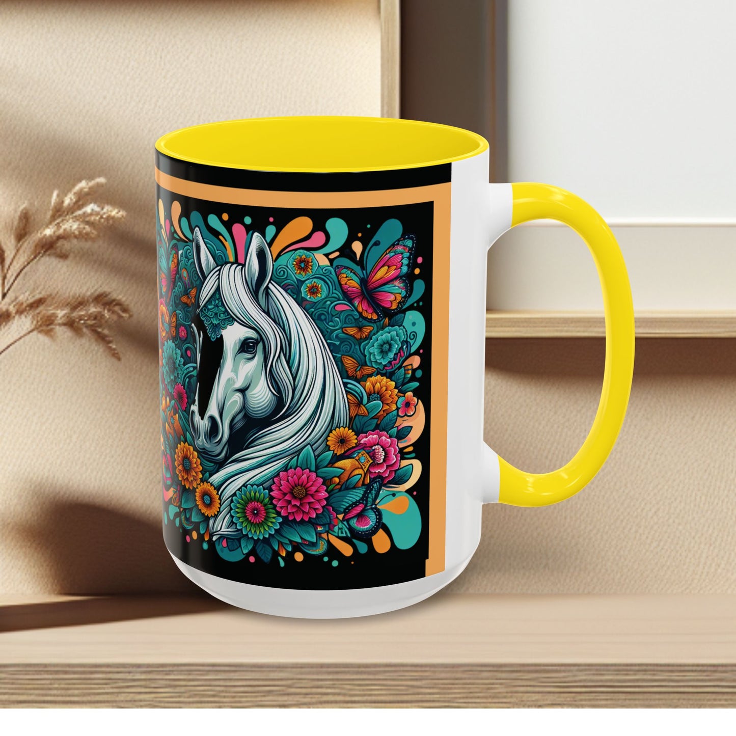 Coffee Mug White Horses with Blue Highlights in Flowers - Mug