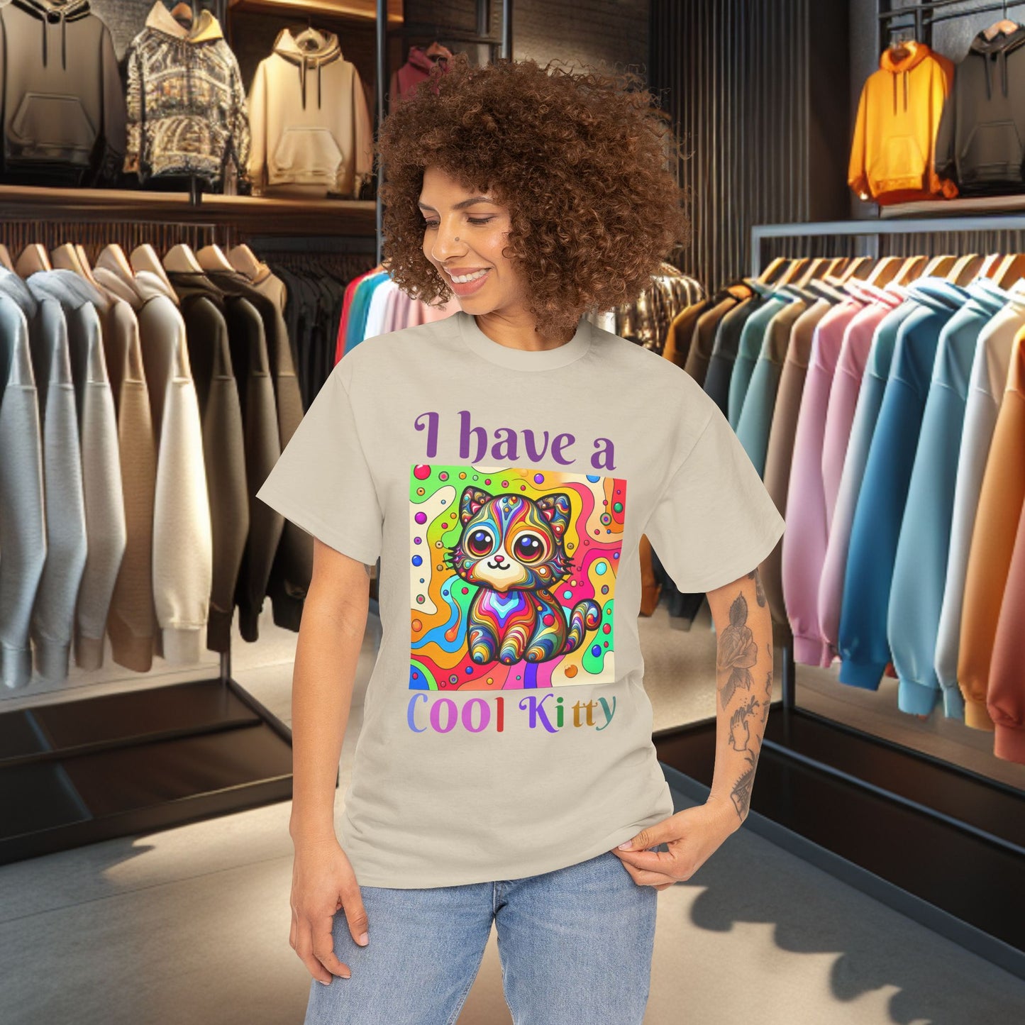 Cool Kitty Heavy Cotton Tee | Cat Lover Gift | Colorful Fun Shirt | Cute Animal Apparel | Perfect for Birthdays & Pet Lovers