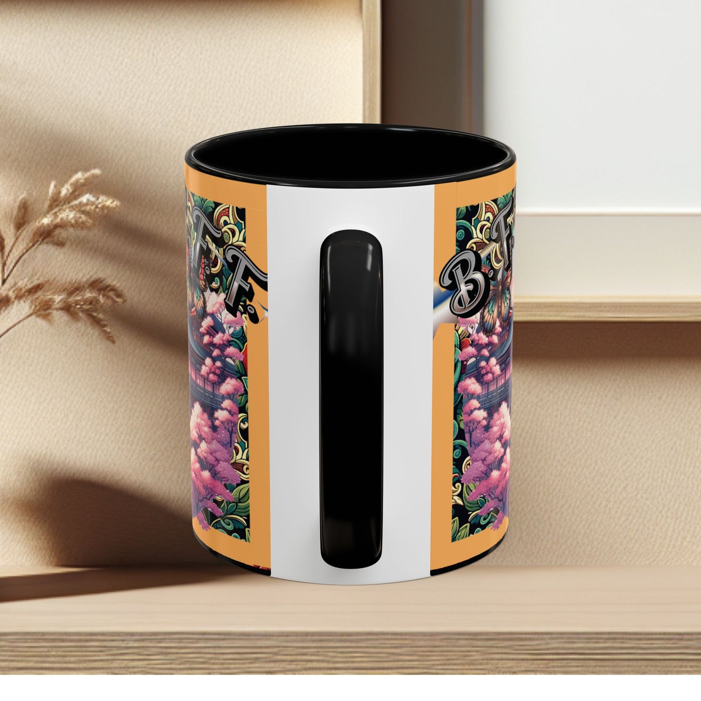 Mug - 3 B F F kittens and Butterflies Coffee Mug with Cherry Blossoms