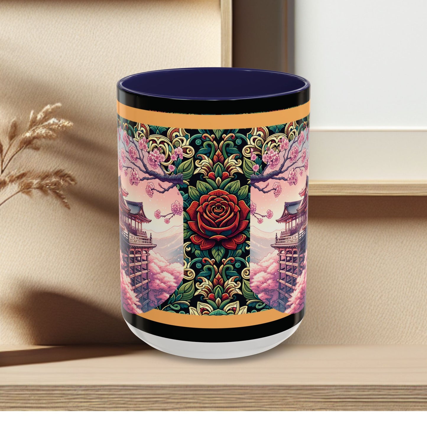 Mug - Sakura Butterfly Coffee Mug with Cherry Blossoms and a Rose