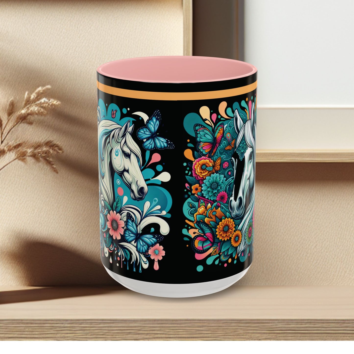 Coffee Mug White Horses with Blue Highlights in Flowers - Mug