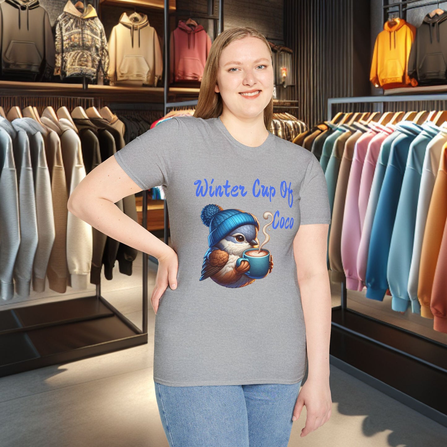 Blue Bird With a Cup Of Coco Unisex T-Shirt - Winter Coco