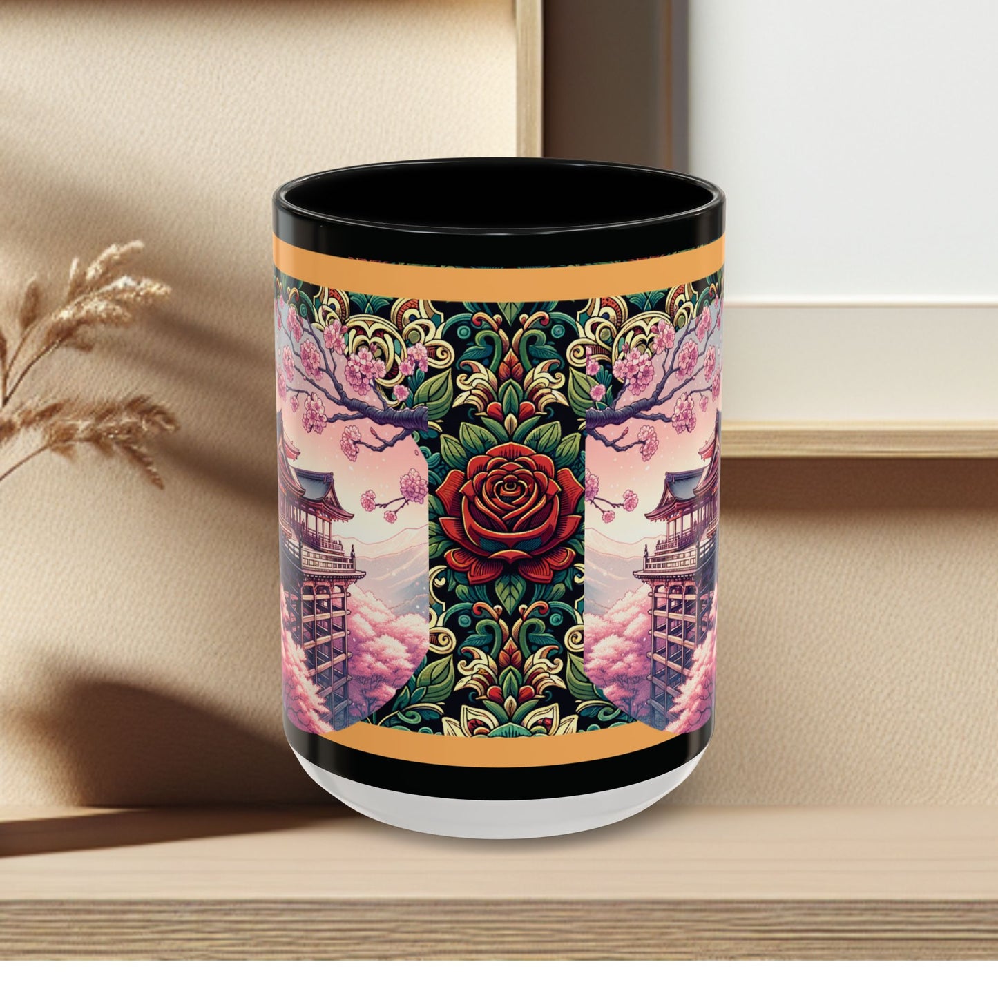 Mug - Sakura Butterfly Coffee Mug with Cherry Blossoms and a Rose