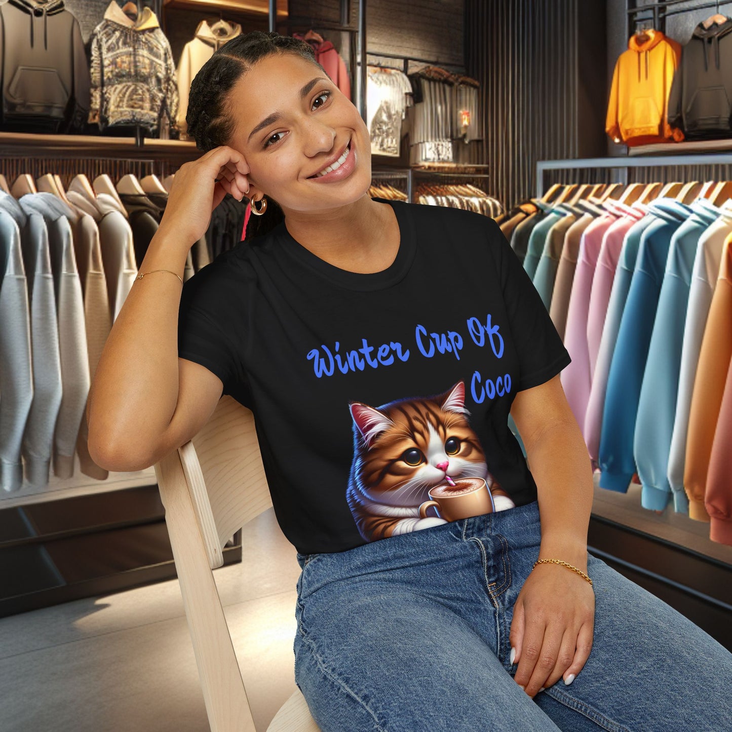 a Cat Sipping on a Cup Of Coco Unisex T-Shirt - Winter Coco