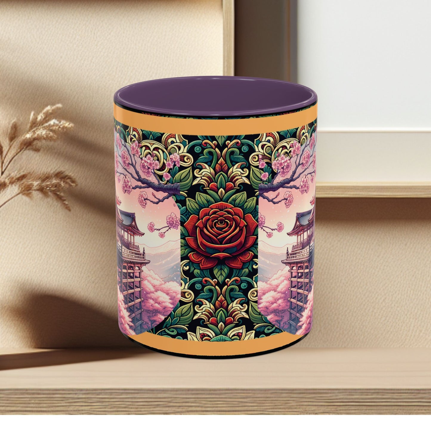 Mug - Sakura Butterfly Coffee Mug with Cherry Blossoms and a Rose