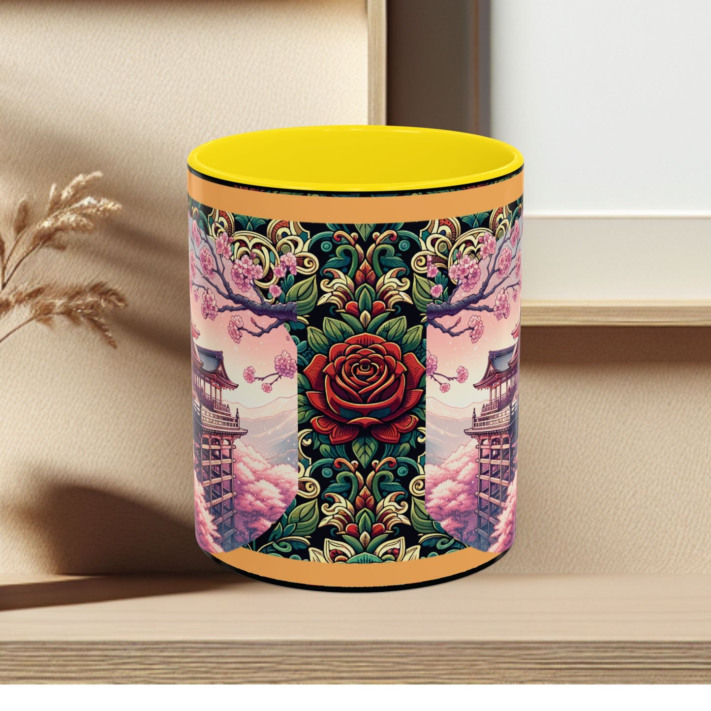Mug - Sakura Butterfly Coffee Mug with Cherry Blossoms and a Rose