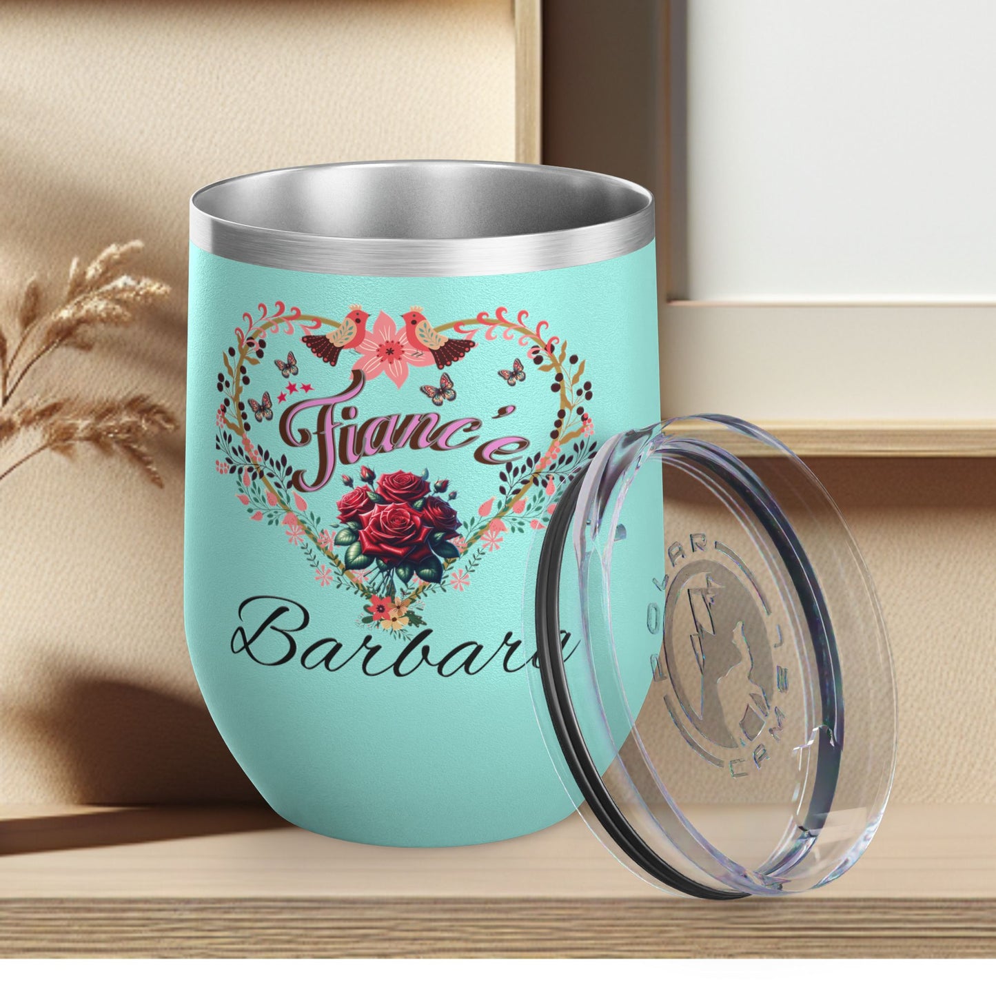 Personalized Fiancé’s Wine Tumbler - 12oz Floral Heart Design
