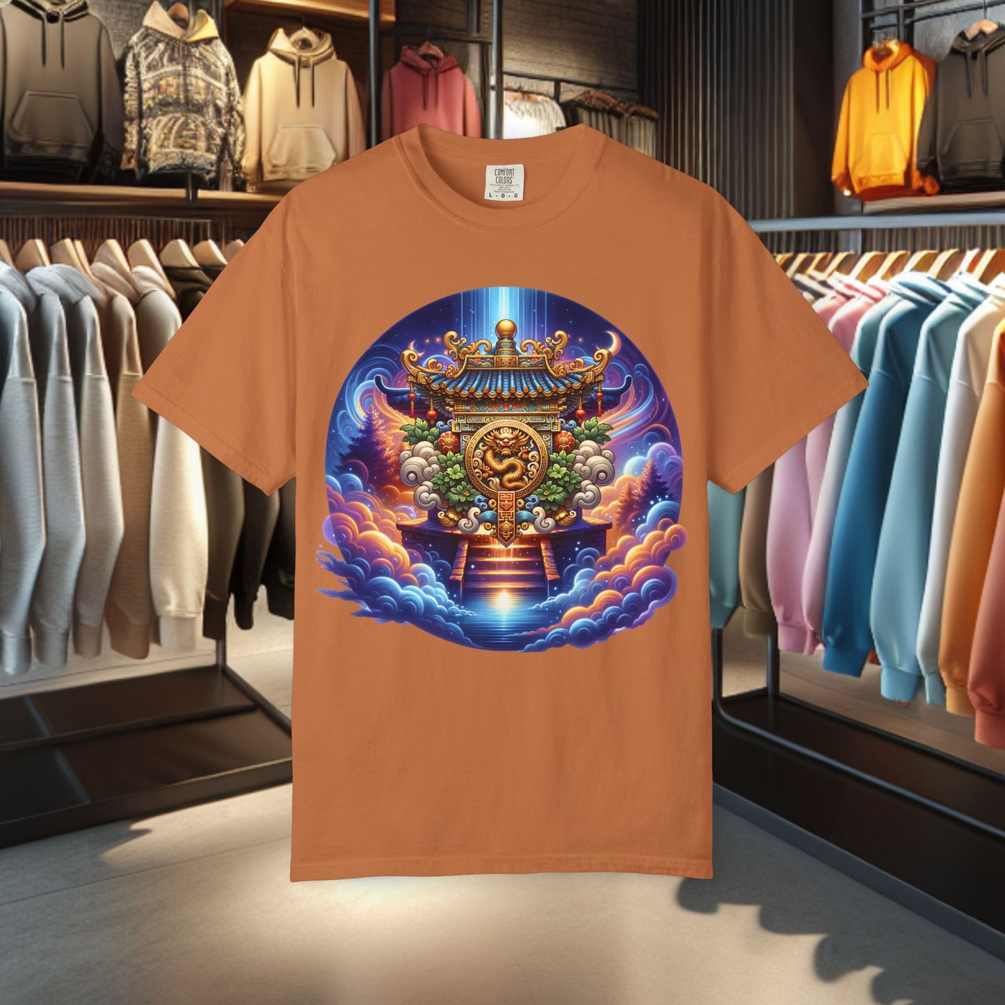 A Vibrant Mistic Temple Design -Unisex Garment-Dyed T-Shirt Perfect for Festivals & Everyday Wear