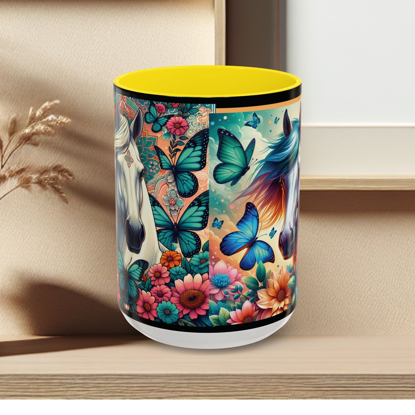 Coffee Mug Horses, Flowers, and Butterflies Mug