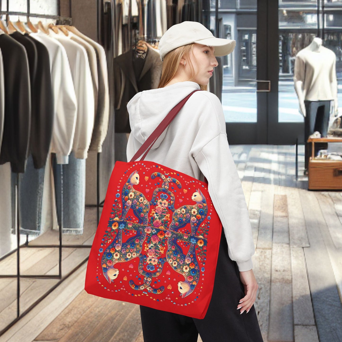 Mosaic Loving Cat Dark Red Tote Bag