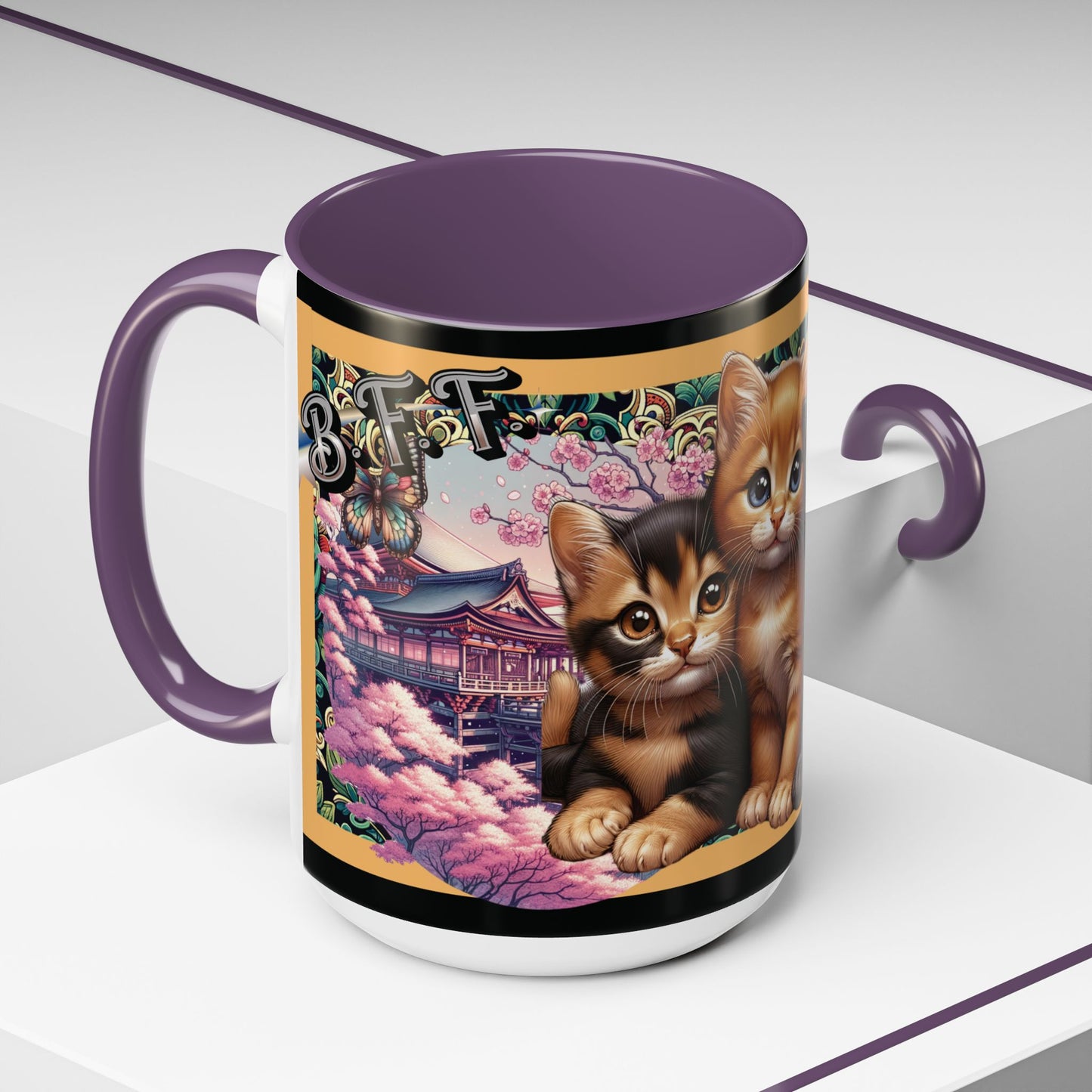 Mug - 3 B F F kittens and Butterflies Coffee Mug with Cherry Blossoms