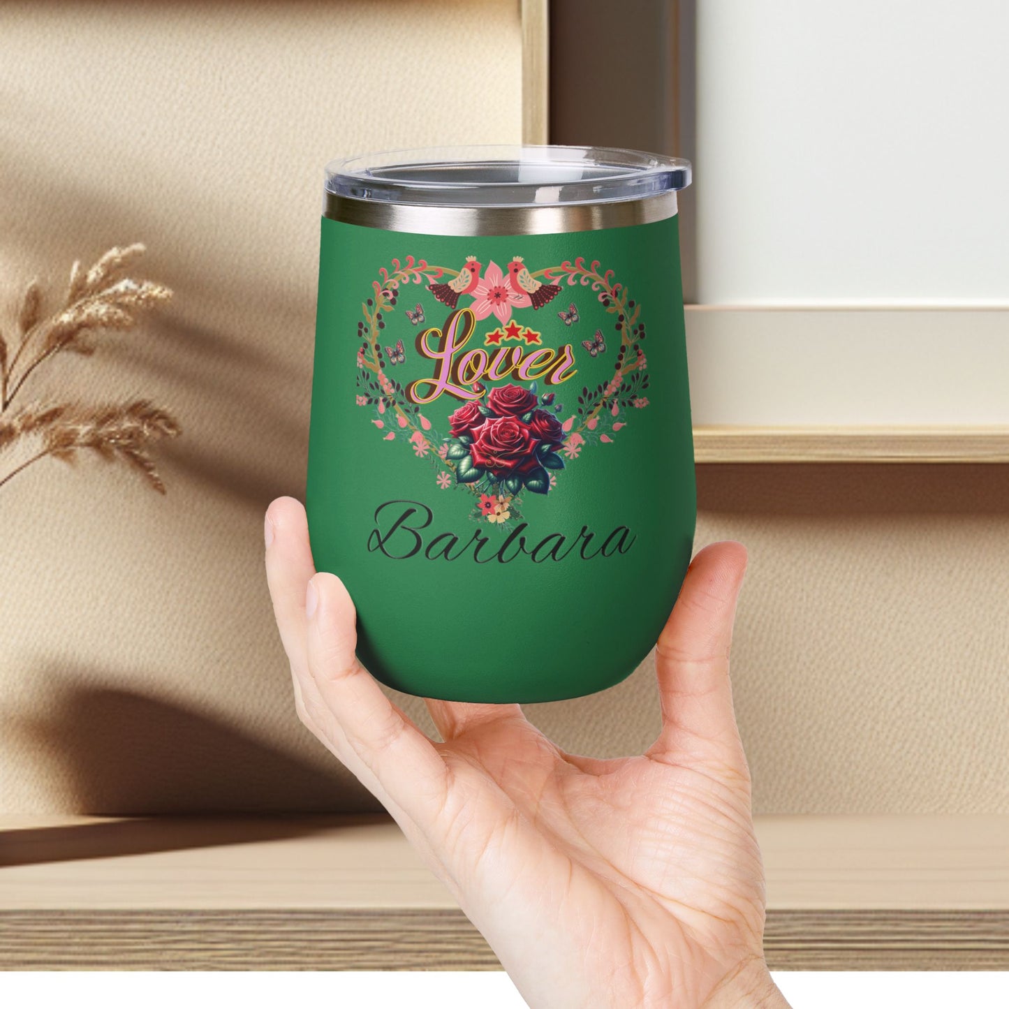 Personalized Lover's Floral Heart Wine Tumbler, 12oz