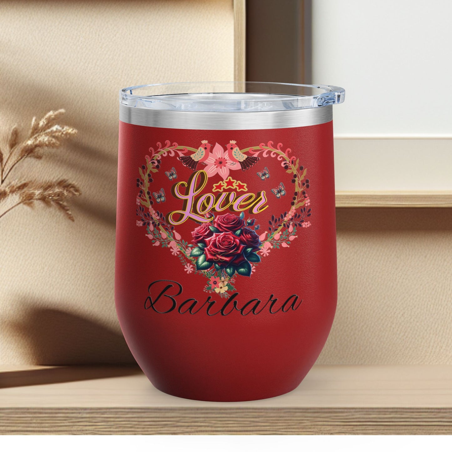 Personalized Lover's Floral Heart Wine Tumbler, 12oz