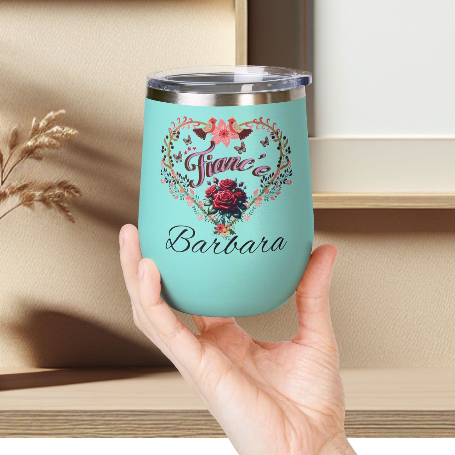 Personalized Fiancé’s Wine Tumbler - 12oz Floral Heart Design