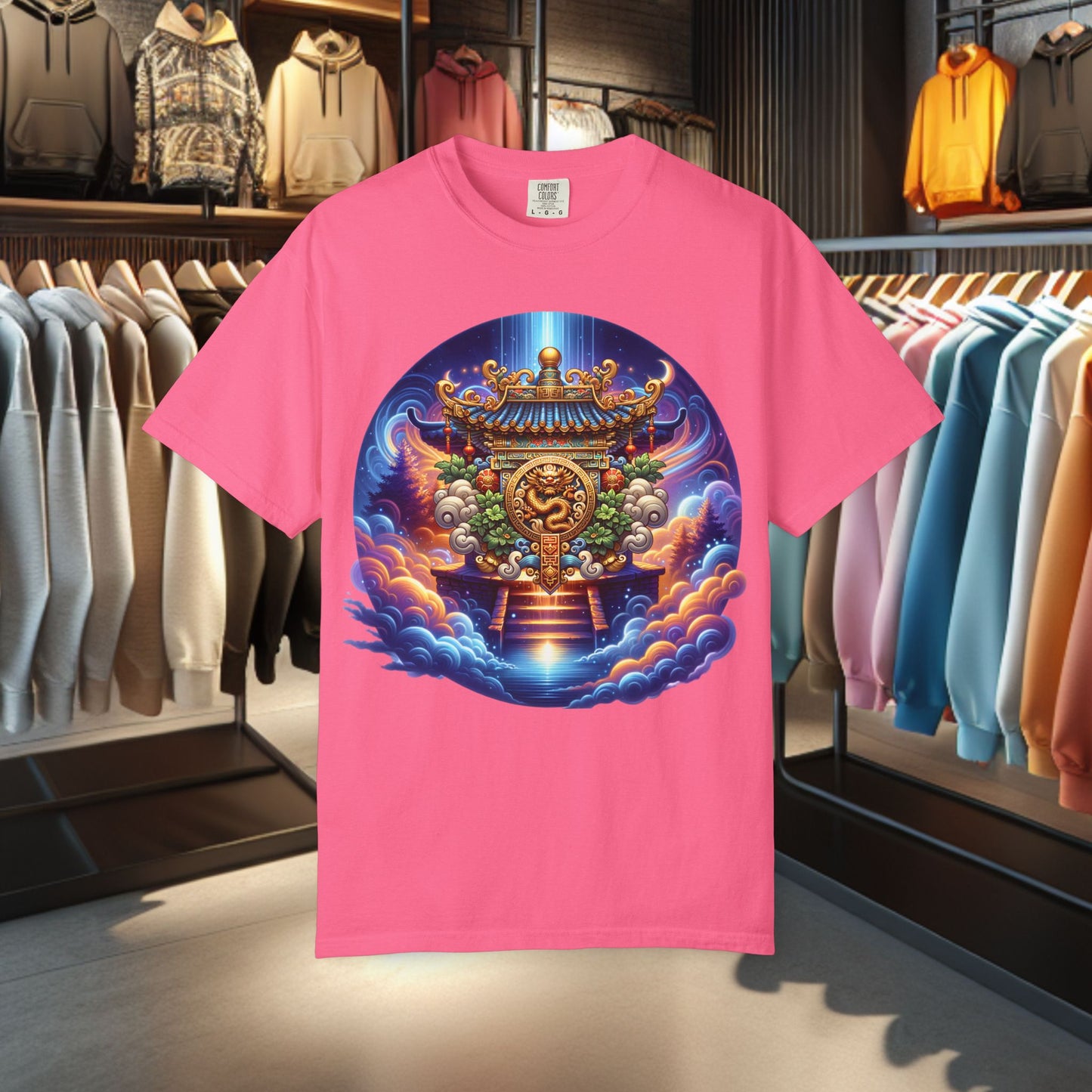 A Vibrant Mistic Temple Design -Unisex Garment-Dyed T-Shirt Perfect for Festivals & Everyday Wear