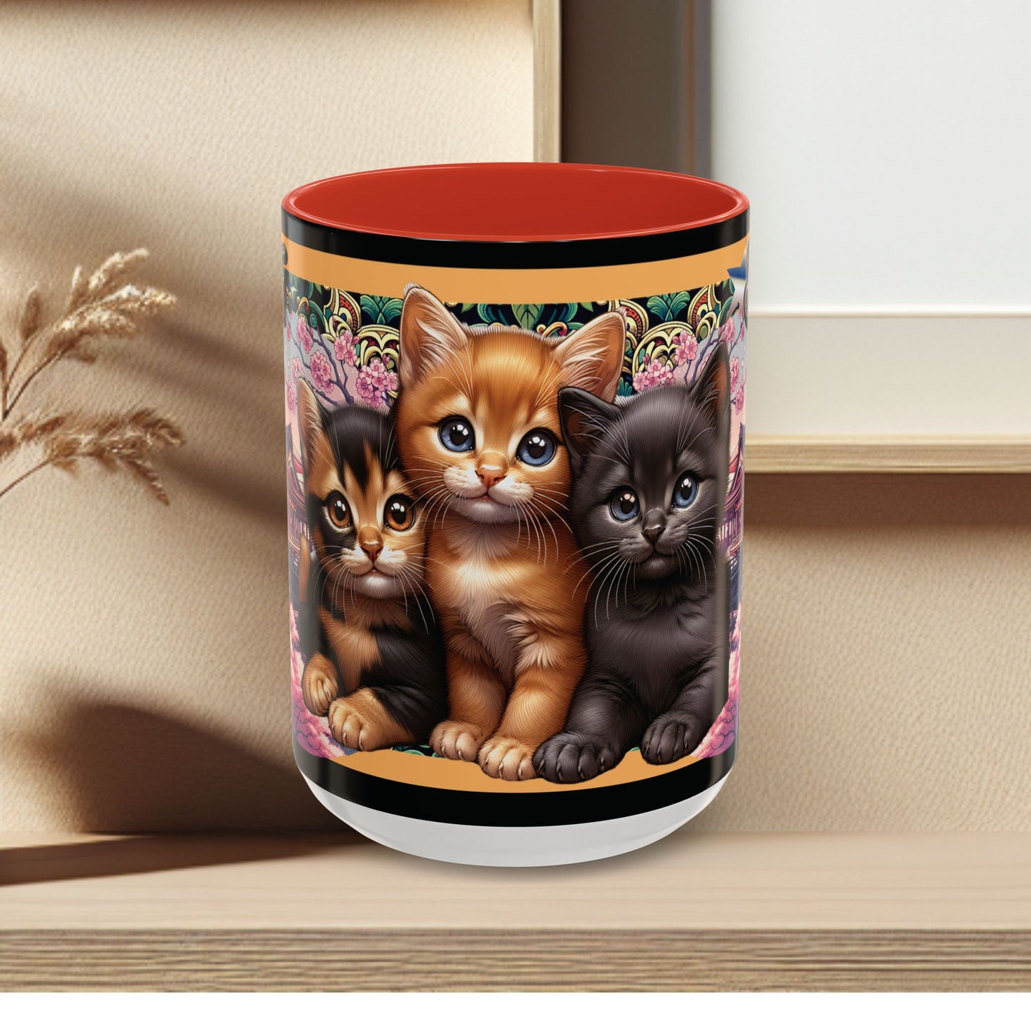 Mug - 3 B F F kittens and Butterflies Coffee Mug with Cherry Blossoms