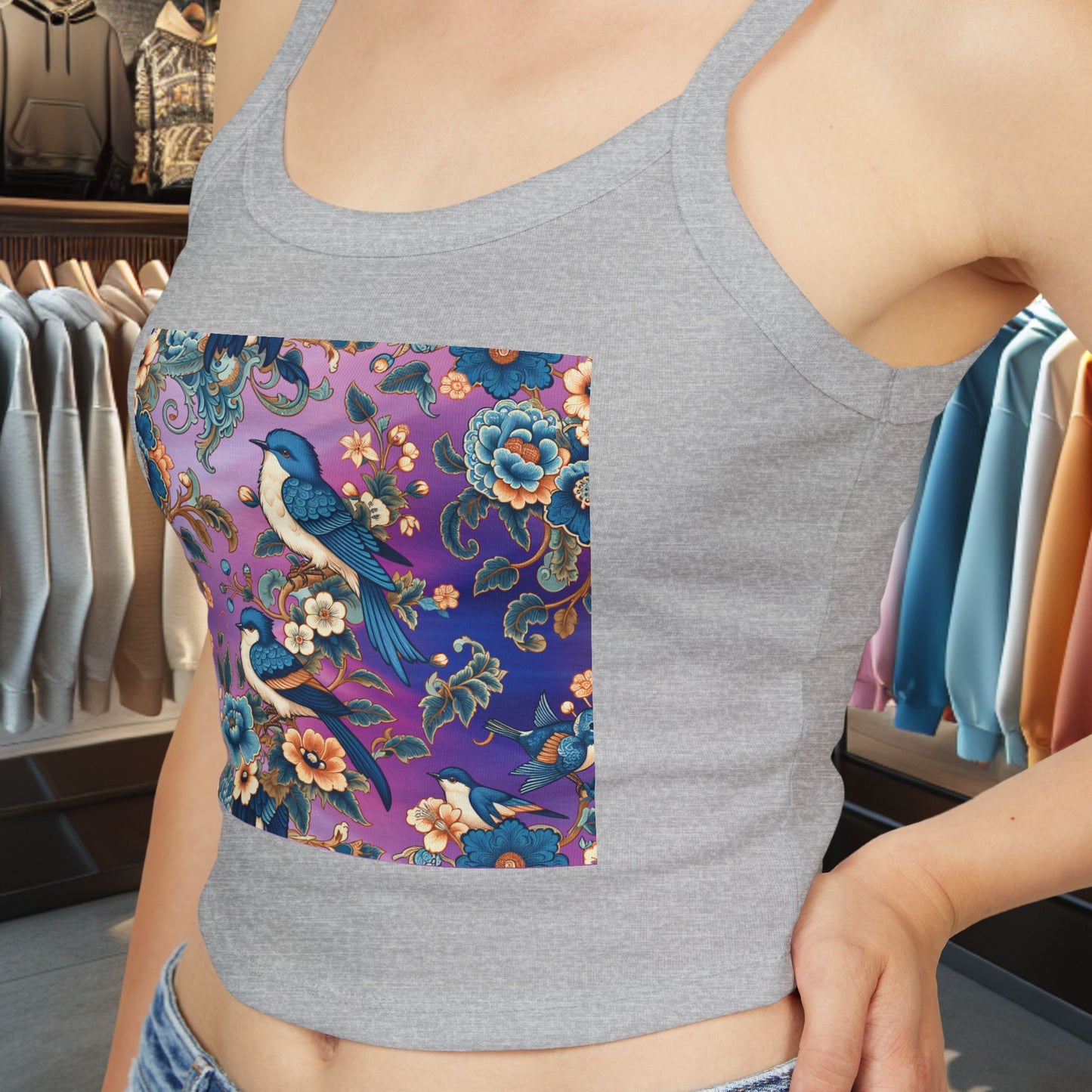 Tank Top Blue Birds in a Flower Garden Women's Spaghetti Strap