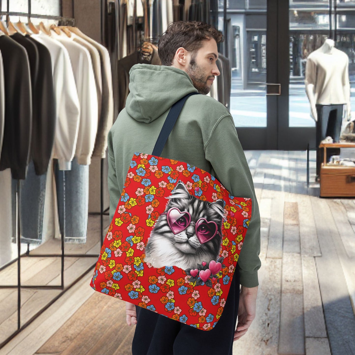 Kitty Ride Tote Bag with Flowered Red Design