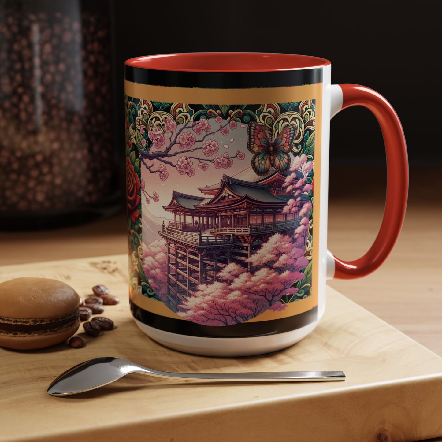 Mug - Sakura Butterfly Coffee Mug with Cherry Blossoms and a Rose