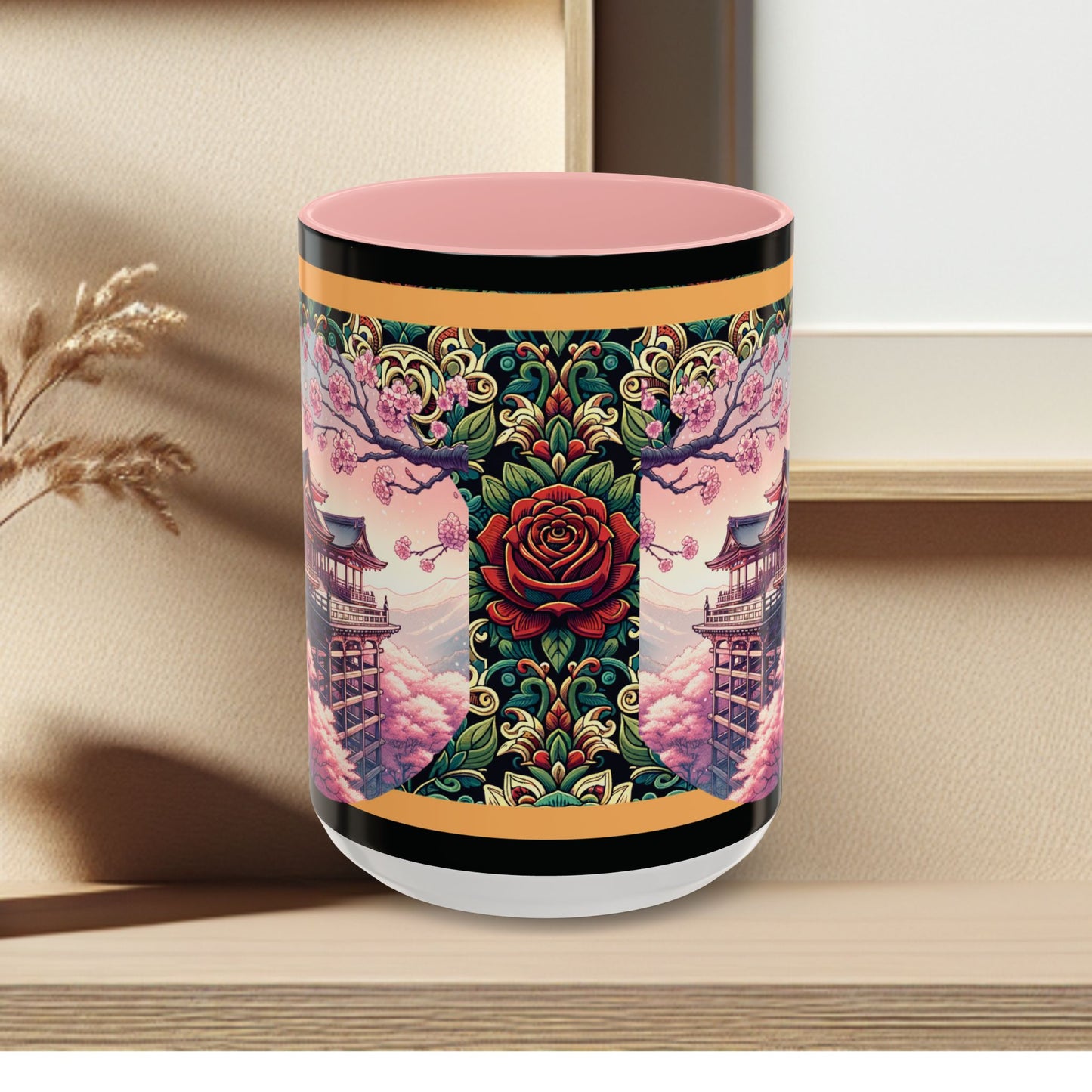 Mug - Sakura Butterfly Coffee Mug with Cherry Blossoms and a Rose